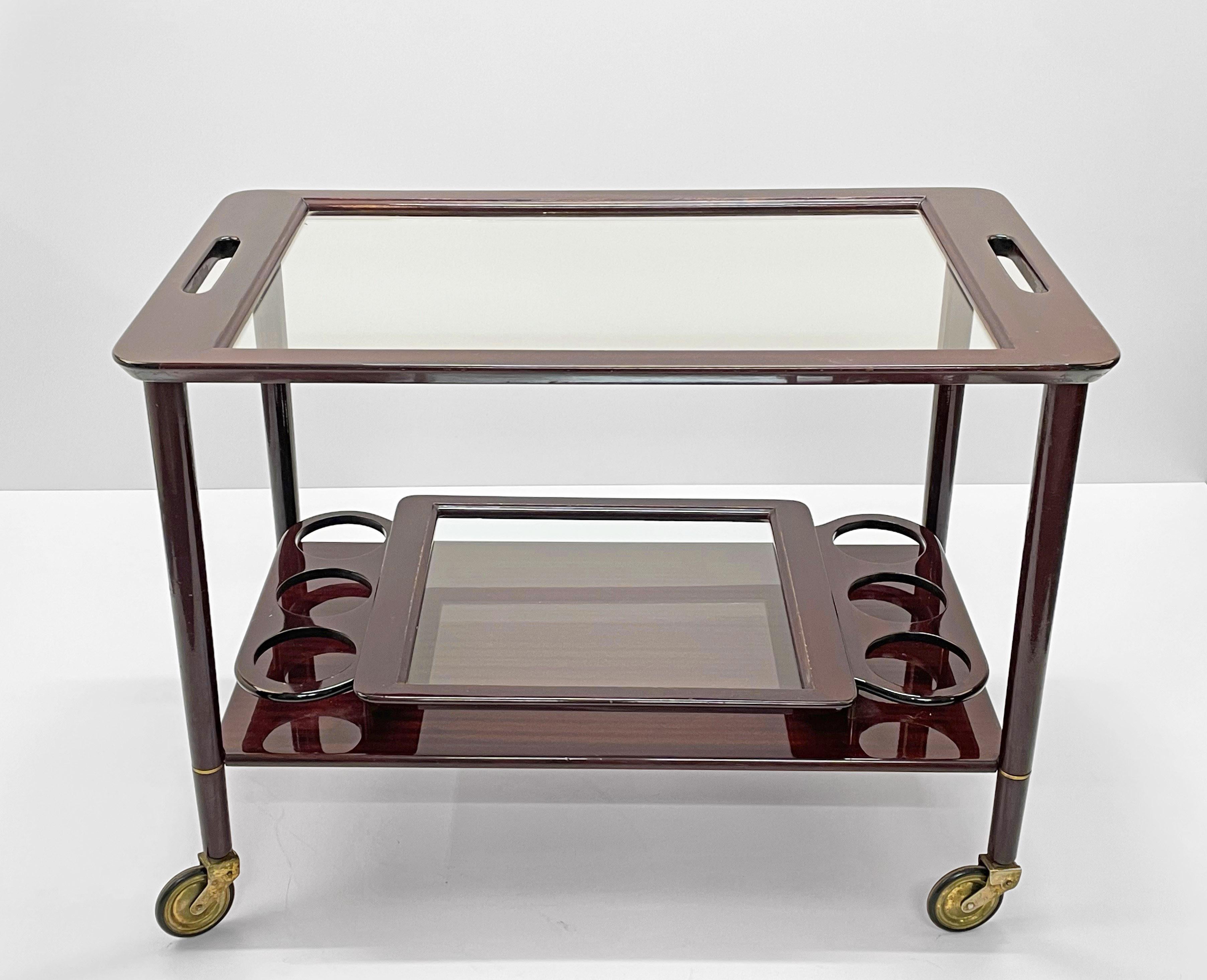 Mid-Century Modern Midcentury Cesare Lacca Wood Italian Bar Cart with Glass Serving Trays 1950s