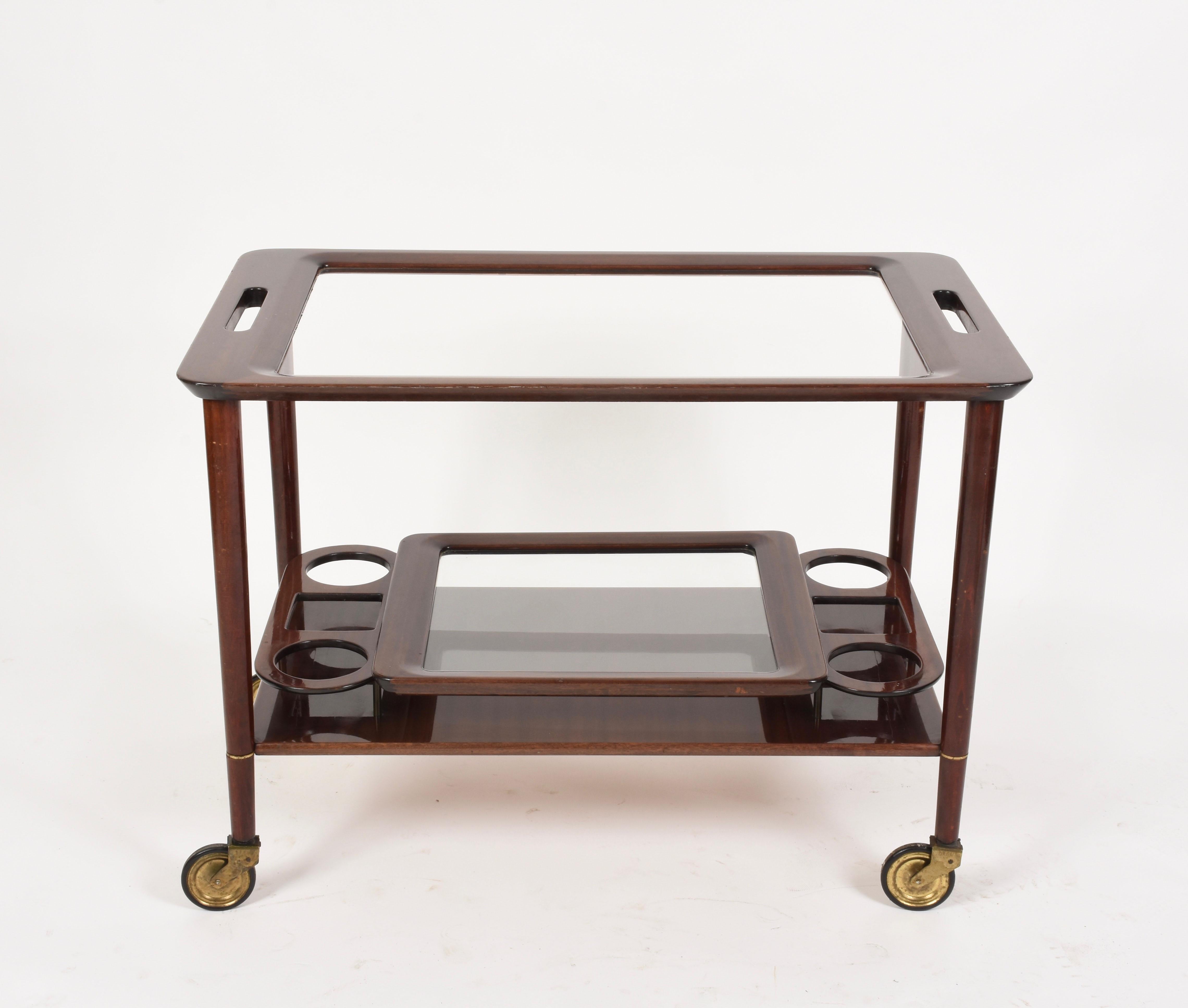 Mid-Century Modern Midcentury Cesare Lacca Wood Italian Bar Cart with Glass Serving Trays 1950s