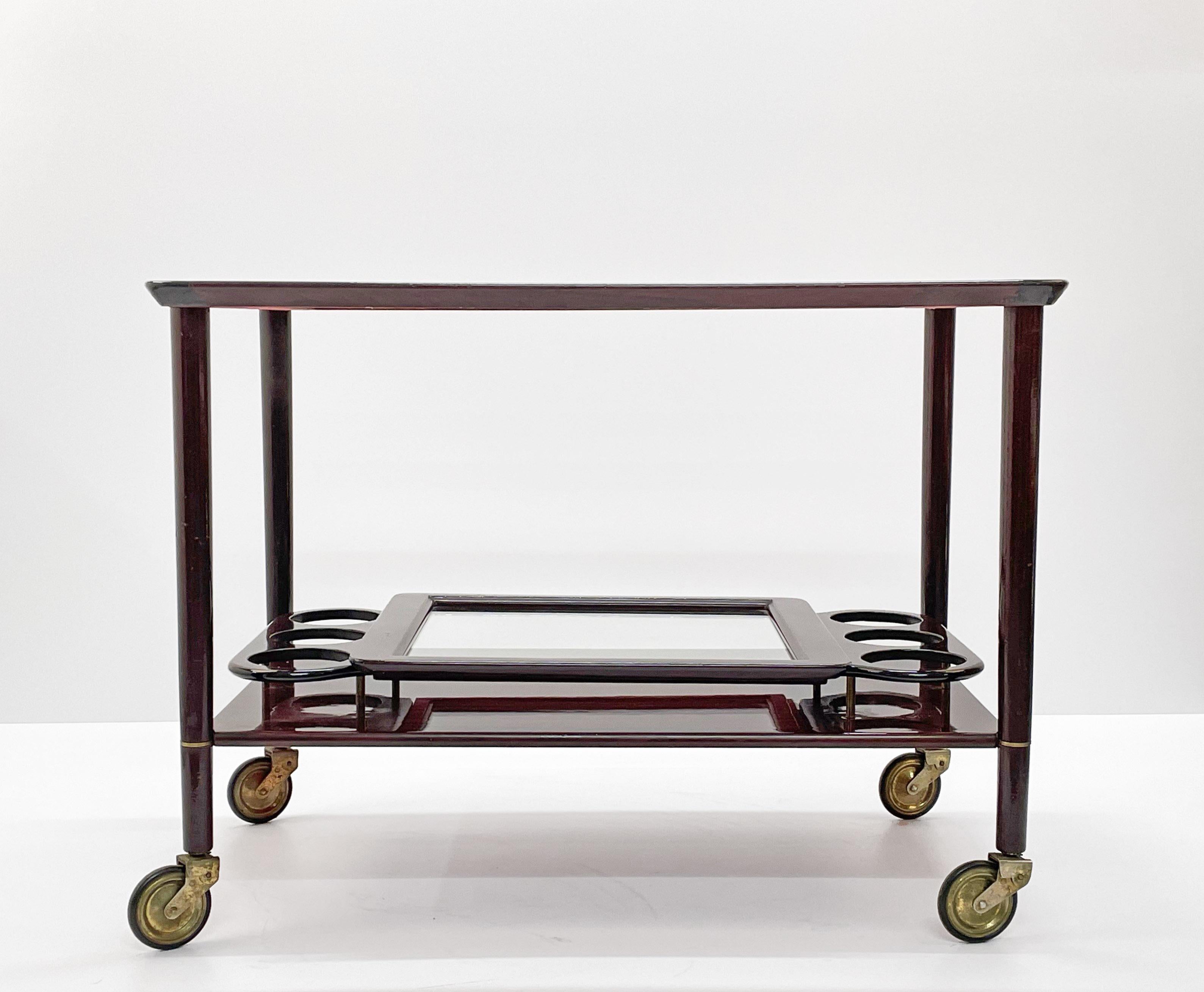 20th Century Midcentury Cesare Lacca Wood Italian Bar Cart with Glass Serving Trays 1950s