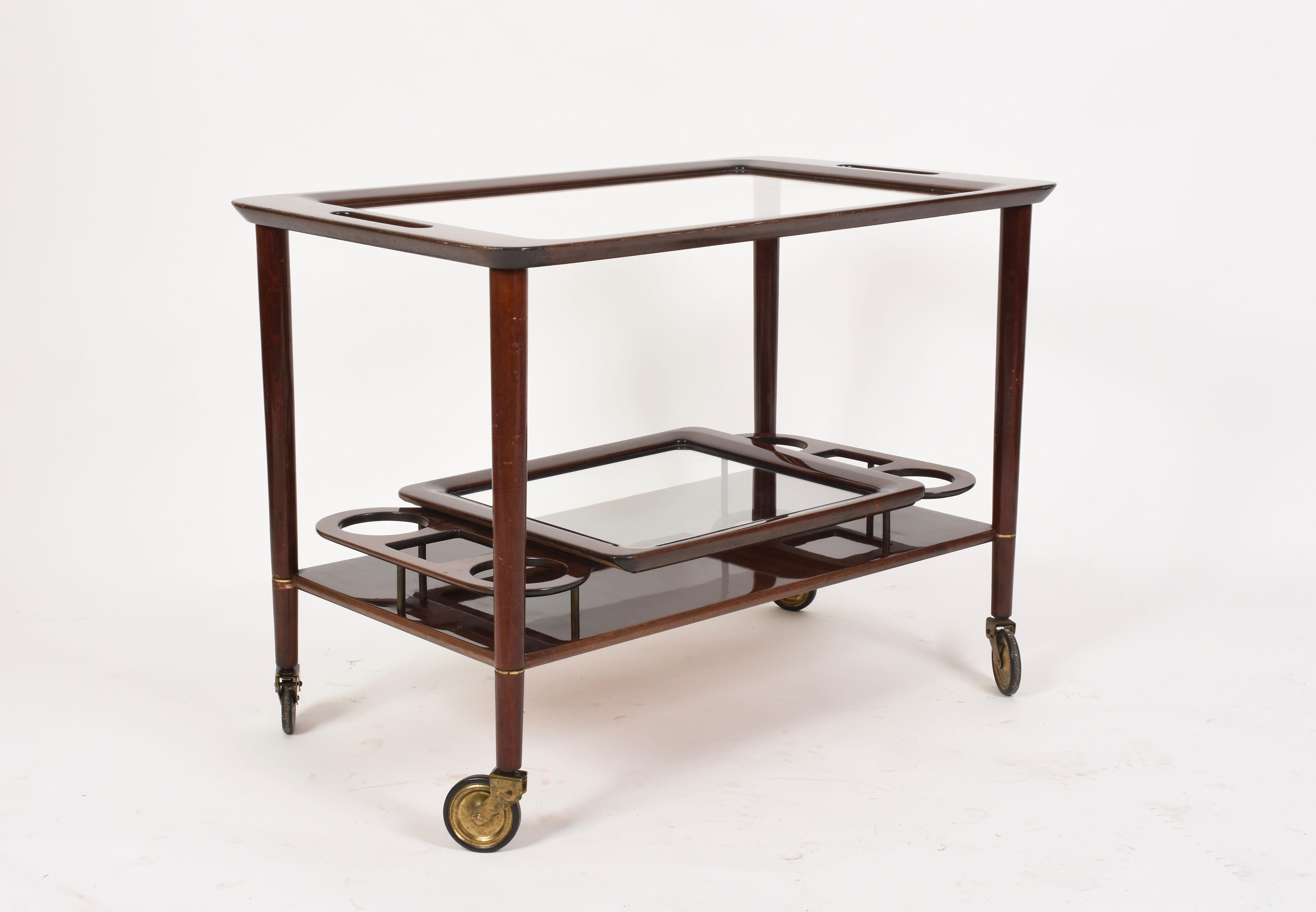 20th Century Midcentury Cesare Lacca Wood Italian Bar Cart with Glass Serving Trays 1950s