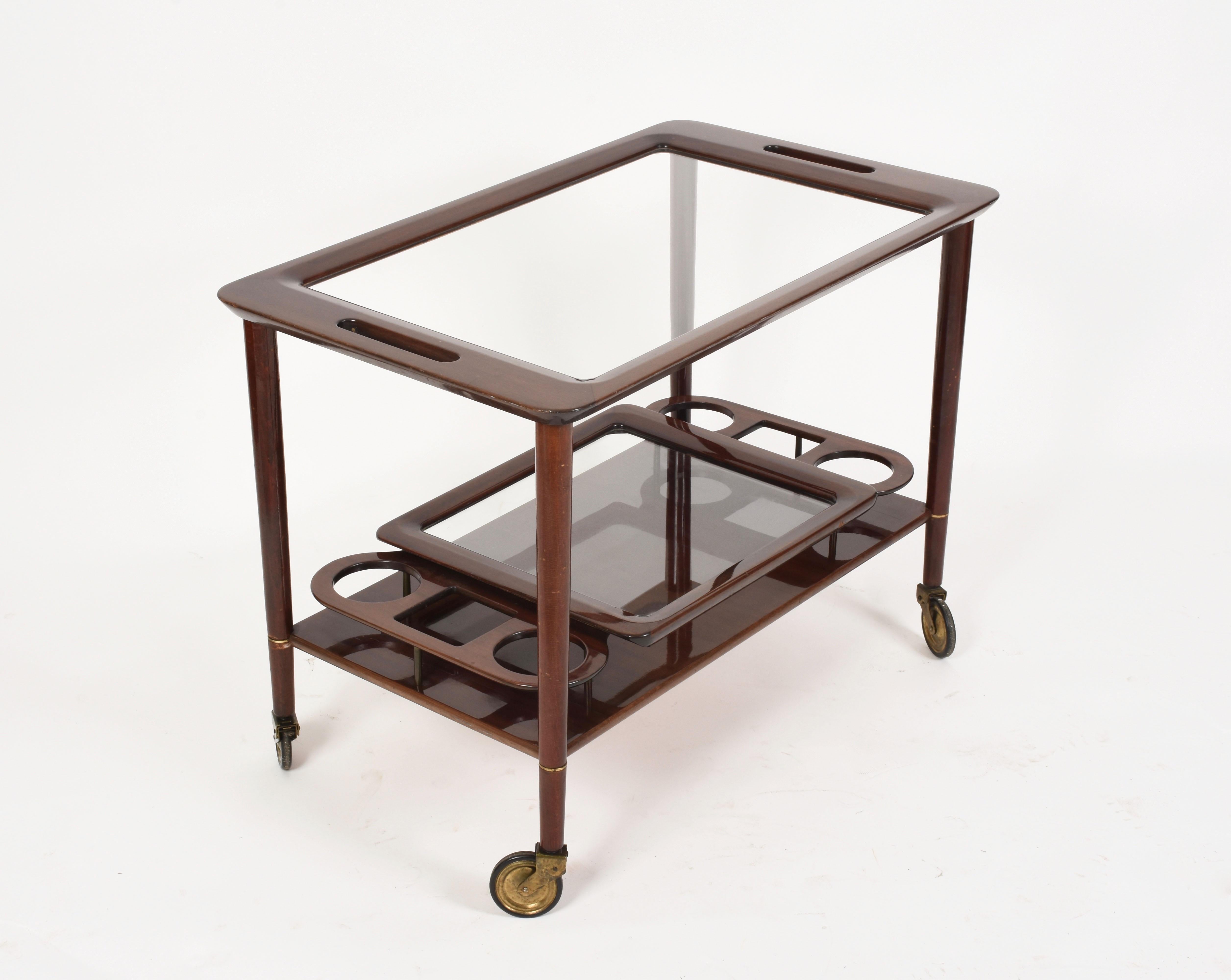 Brass Midcentury Cesare Lacca Wood Italian Bar Cart with Glass Serving Trays 1950s