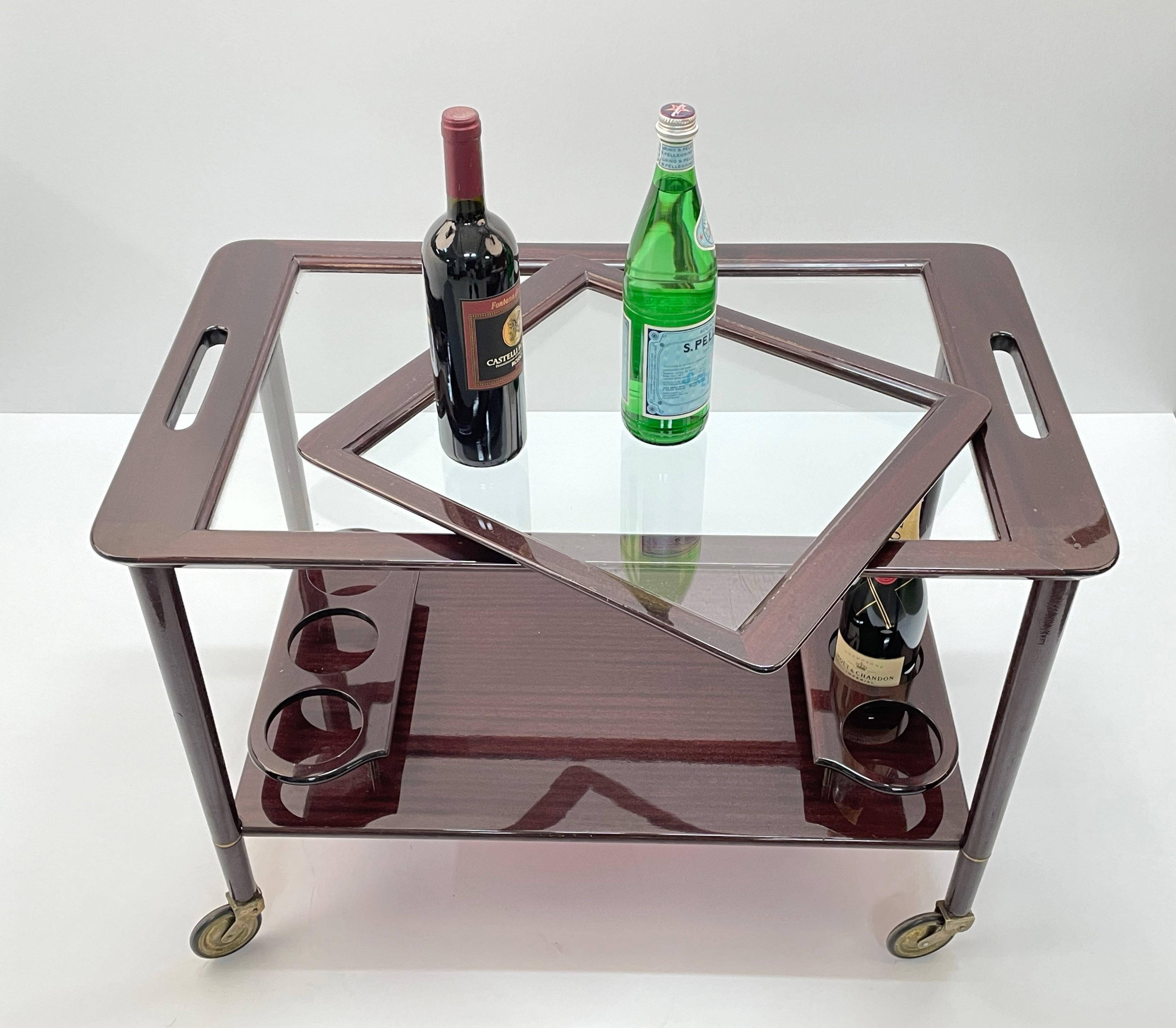 Midcentury Cesare Lacca Wood Italian Bar Cart with Glass Serving Trays 1950s 3