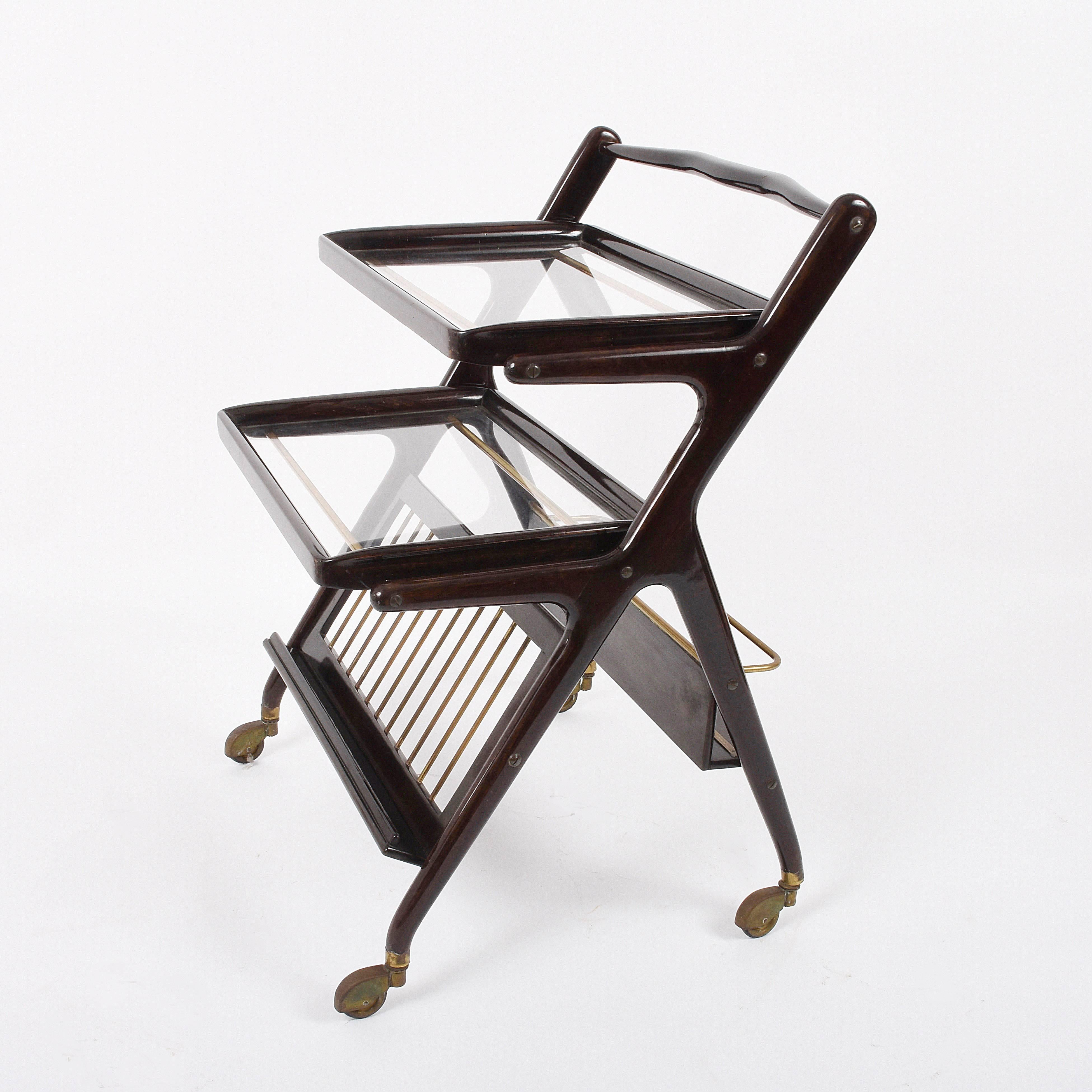 Mid-Century Modern Midcentury Cesare Lacca Wood Italian Bar Cart with Serving Trays, 1950s