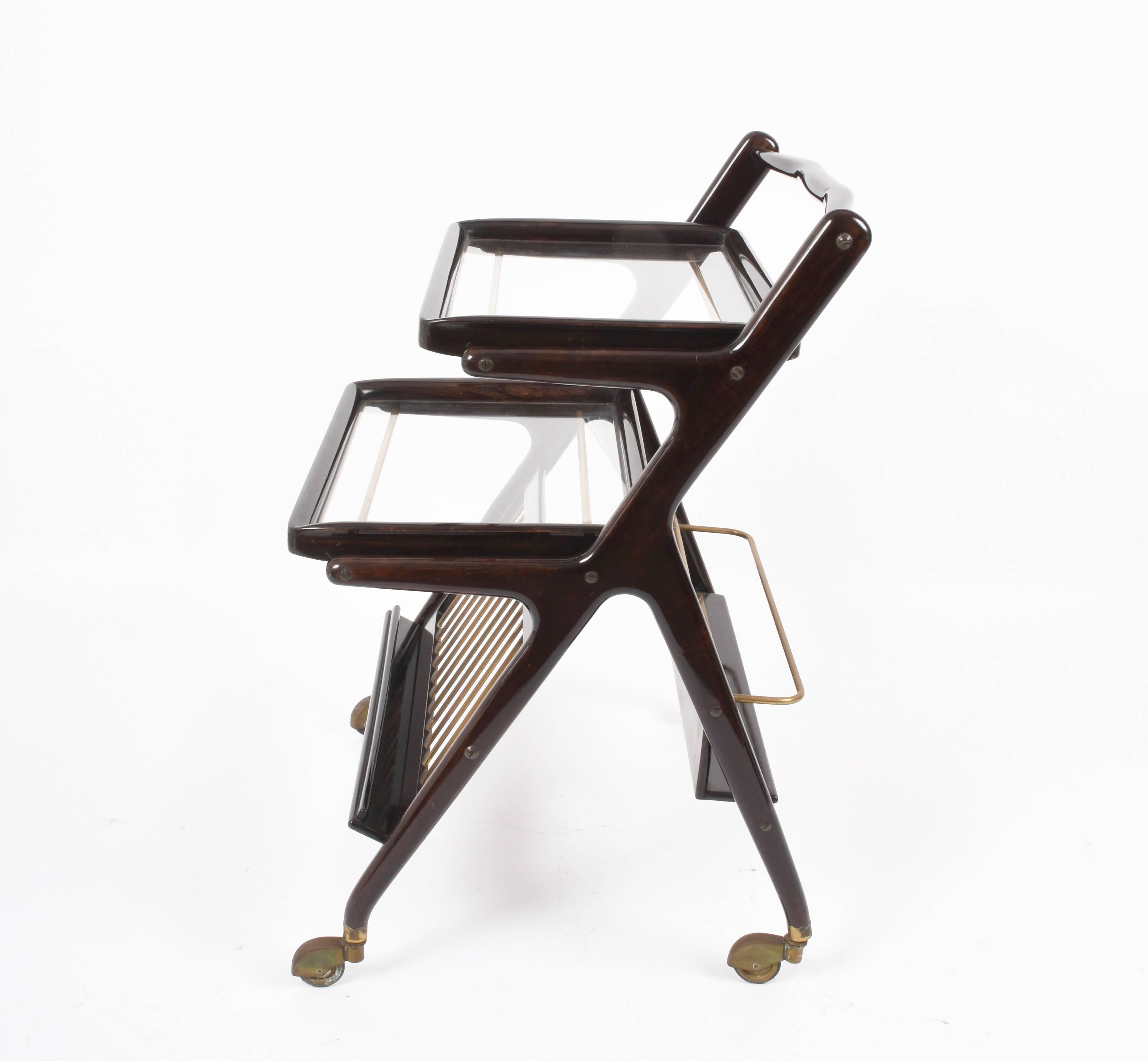 Brass Midcentury Cesare Lacca Wood Italian Bar Cart with Serving Trays, 1950s