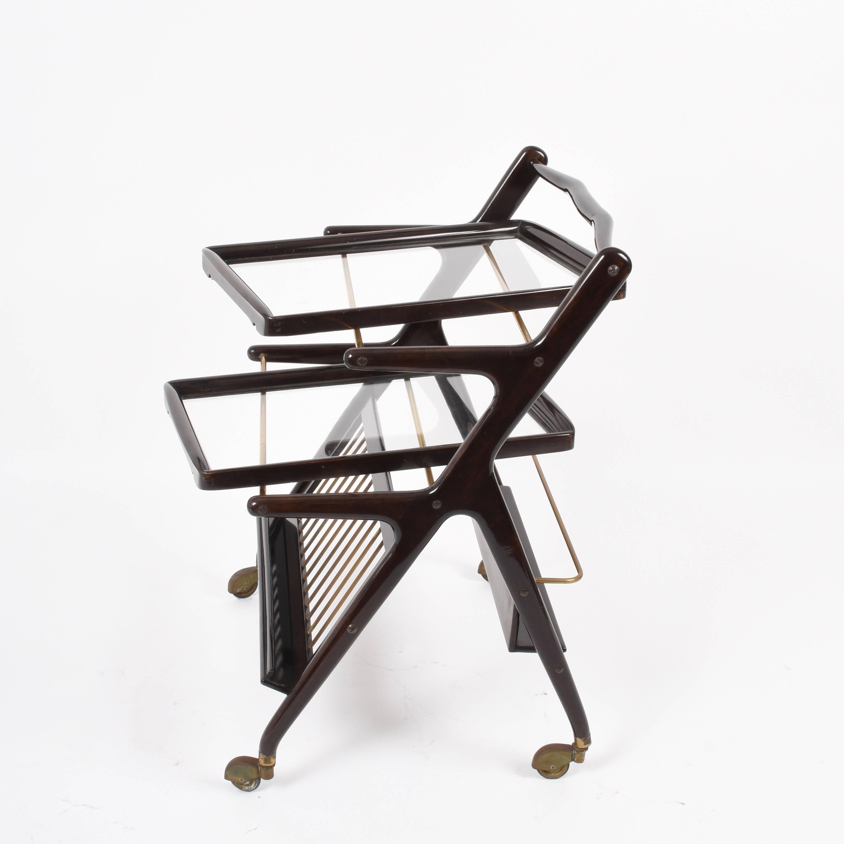 Midcentury Cesare Lacca Wood Italian Bar Cart with Serving Trays, 1950s 1