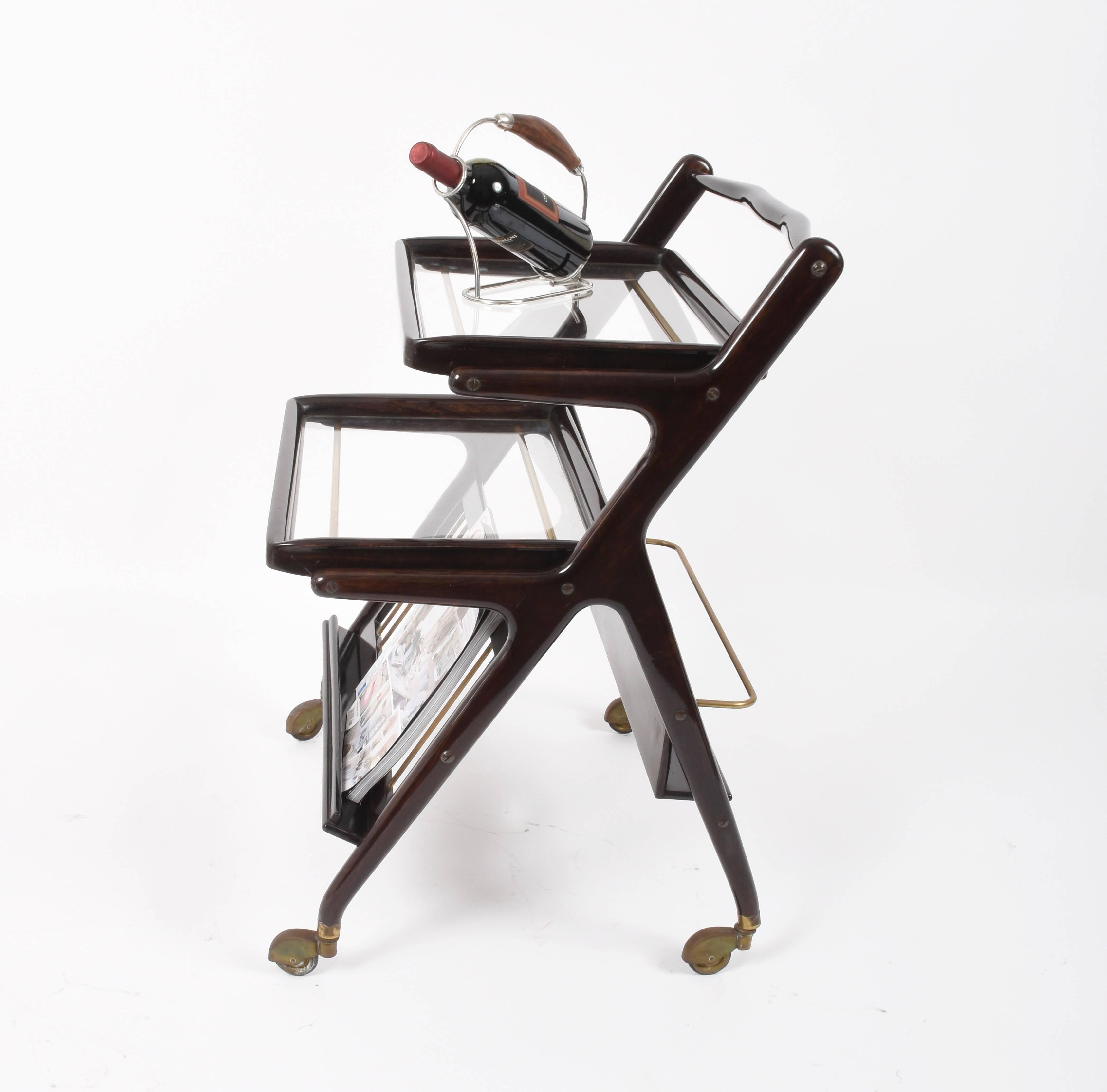 Midcentury Cesare Lacca Wood Italian Bar Cart with Serving Trays, 1950s 2