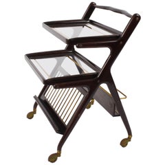 Midcentury Cesare Lacca Wood Italian Bar Cart with Serving Trays, 1950s