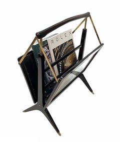 Midcentury Cesare Lacca Wood and Brass Italian Foldable Magazine Rack, 1950s