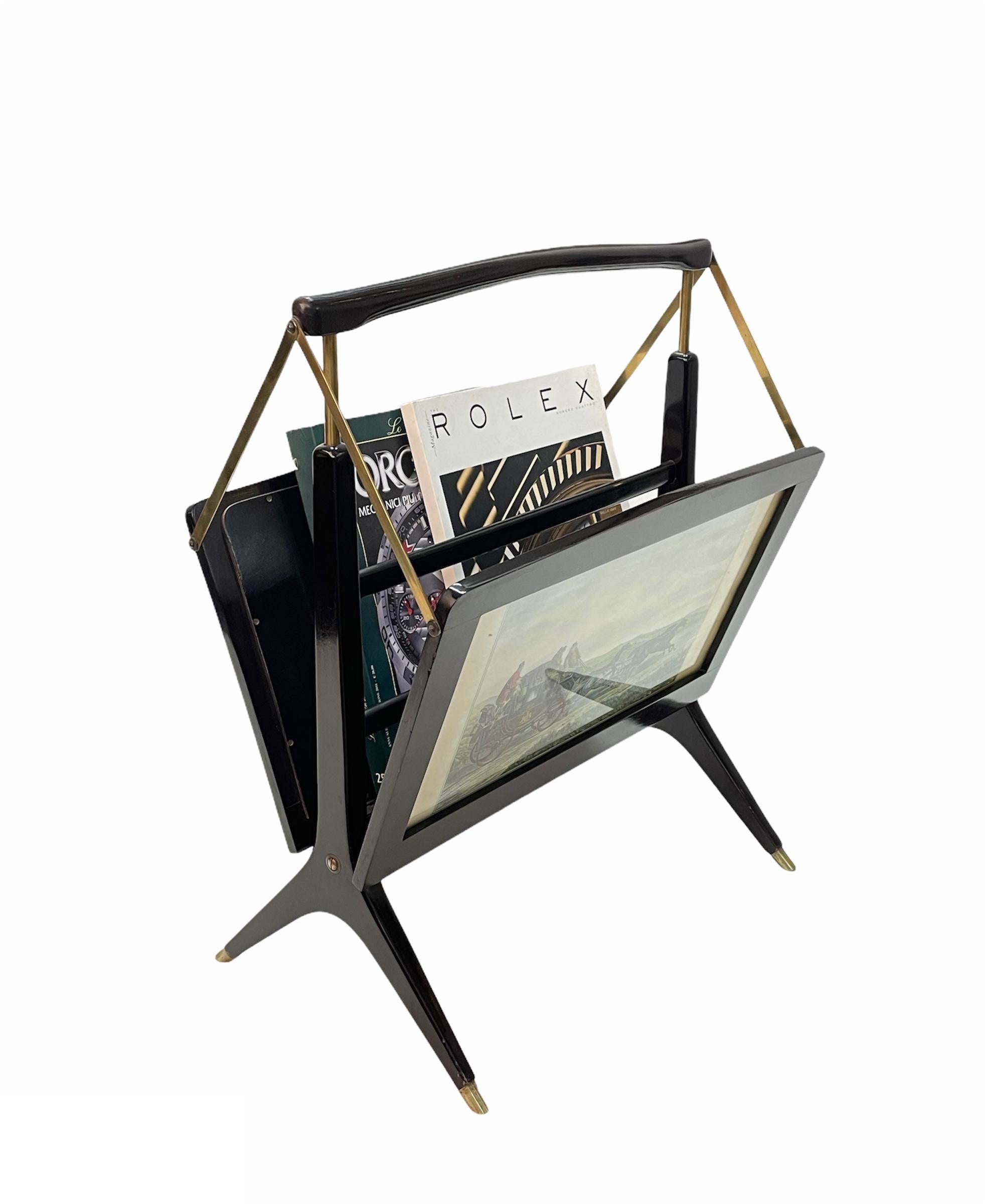 Mid-20th Century Midcentury Cesare Lacca Wood and Brass Italian Foldable Magazine Rack, 1950s For Sale