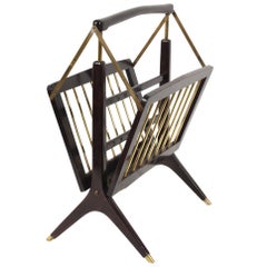 Midcentury Cesare Lacca Mahogany Wood and Brass Italian Magazine Rack, 1950s