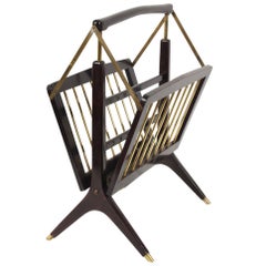 Retro Midcentury Cesare Lacca Mahogany Wood and Brass Italian Magazine Rack, 1950s 