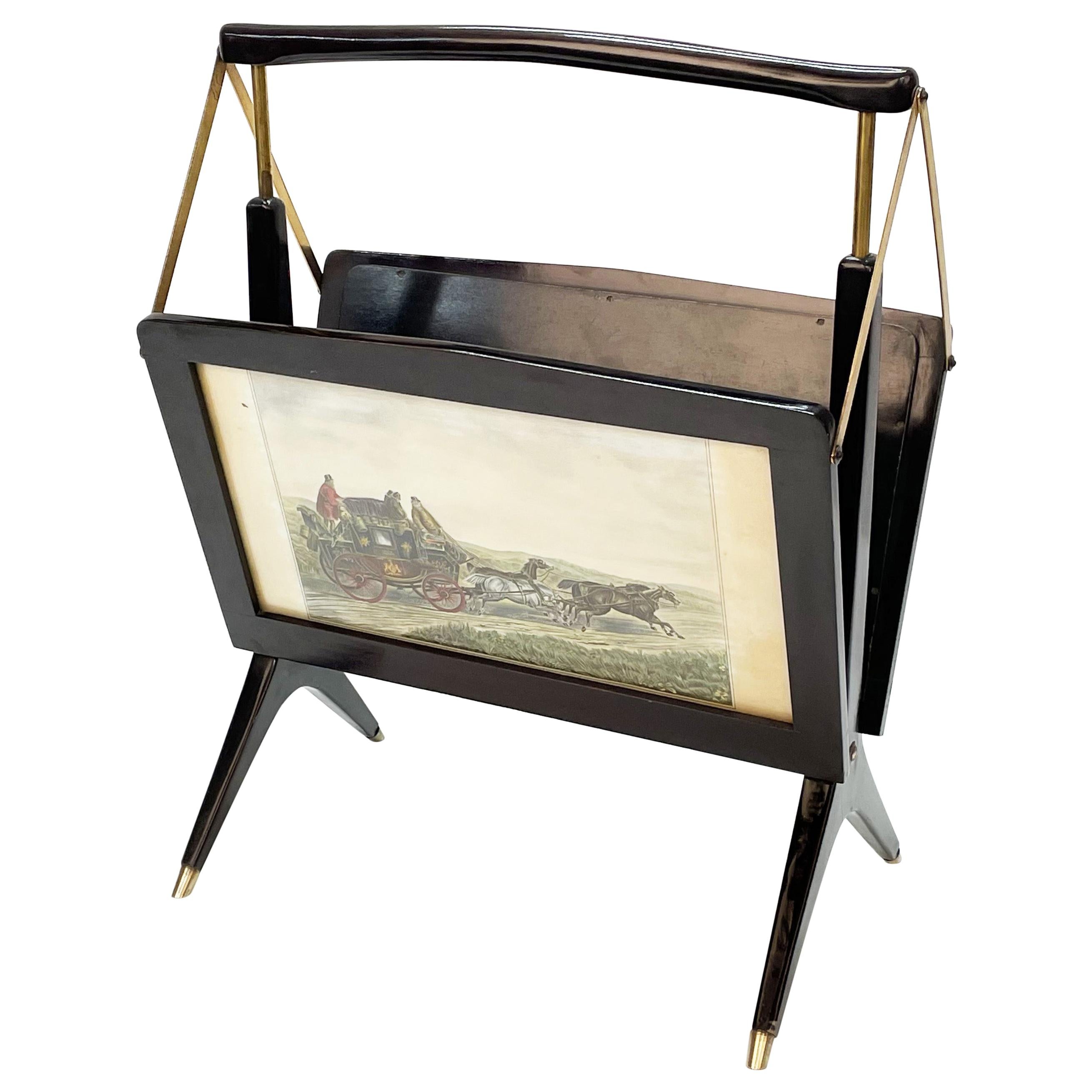 Midcentury Cesare Lacca Wood and Brass Italian Foldable Magazine Rack, 1950s For Sale