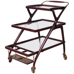 Midcentury Cesare Lacca Vintage Curved Wooden Serving Bar Cart, Italy, 1950s