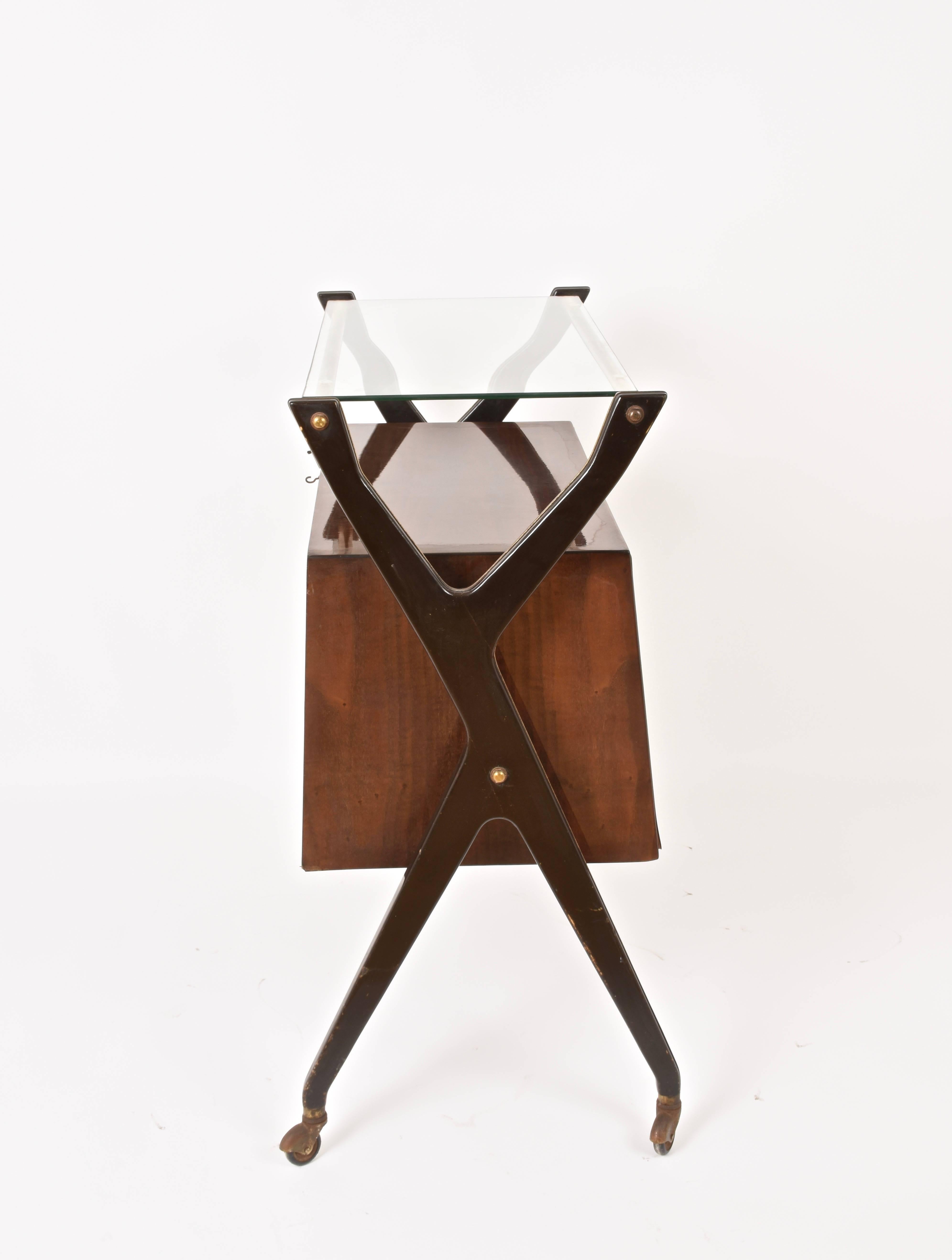 Midcentury Cesare Lacca Wood Italian Bar Cart with Glass Serving Tray, 1950s 5