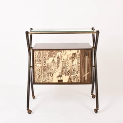 Midcentury Cesare Lacca Wood Italian Bar Cart with Glass Serving Tray, 1950s