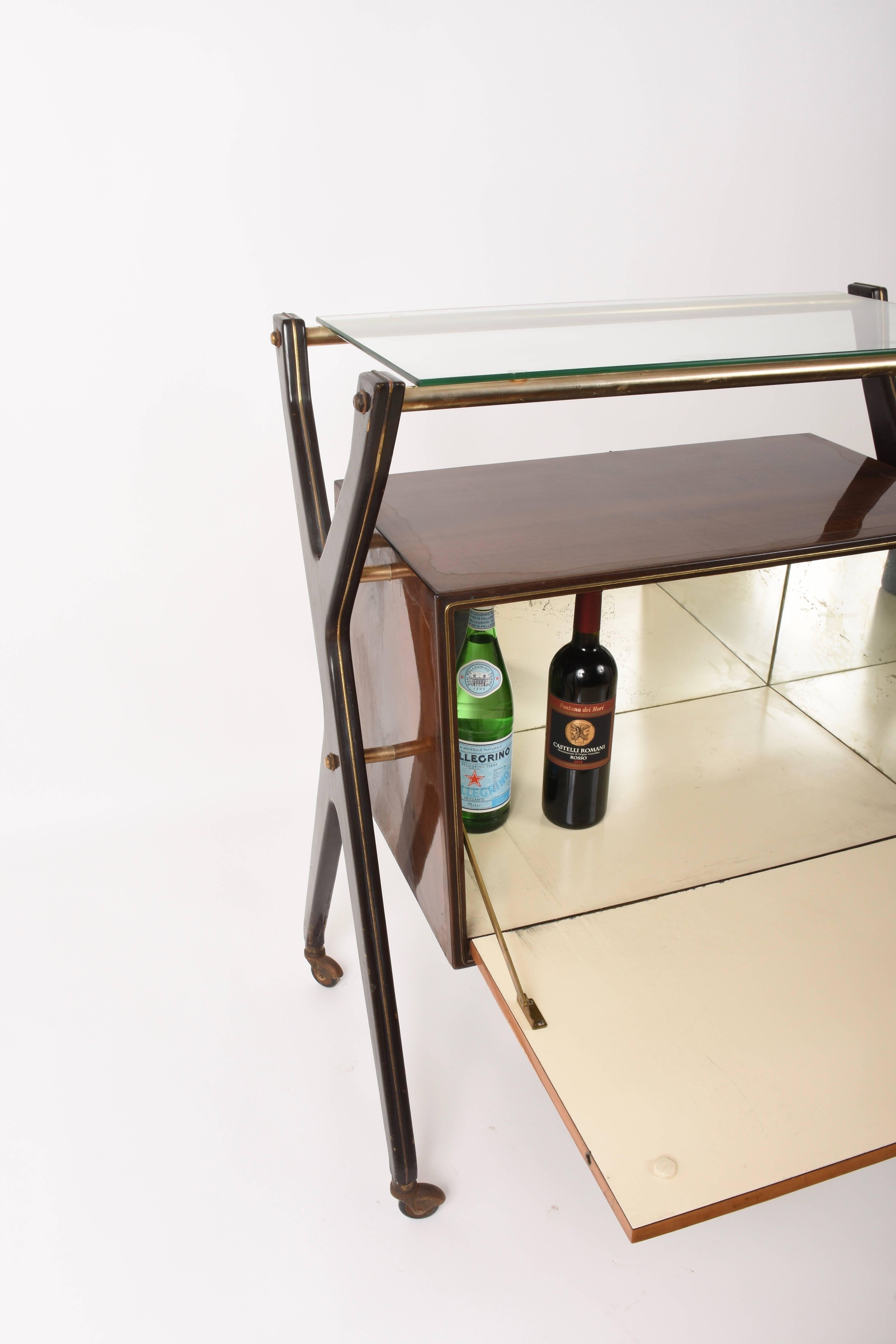 Mid-20th Century Midcentury Cesare Lacca Wood Italian Bar Cart with Glass Serving Tray, 1950s