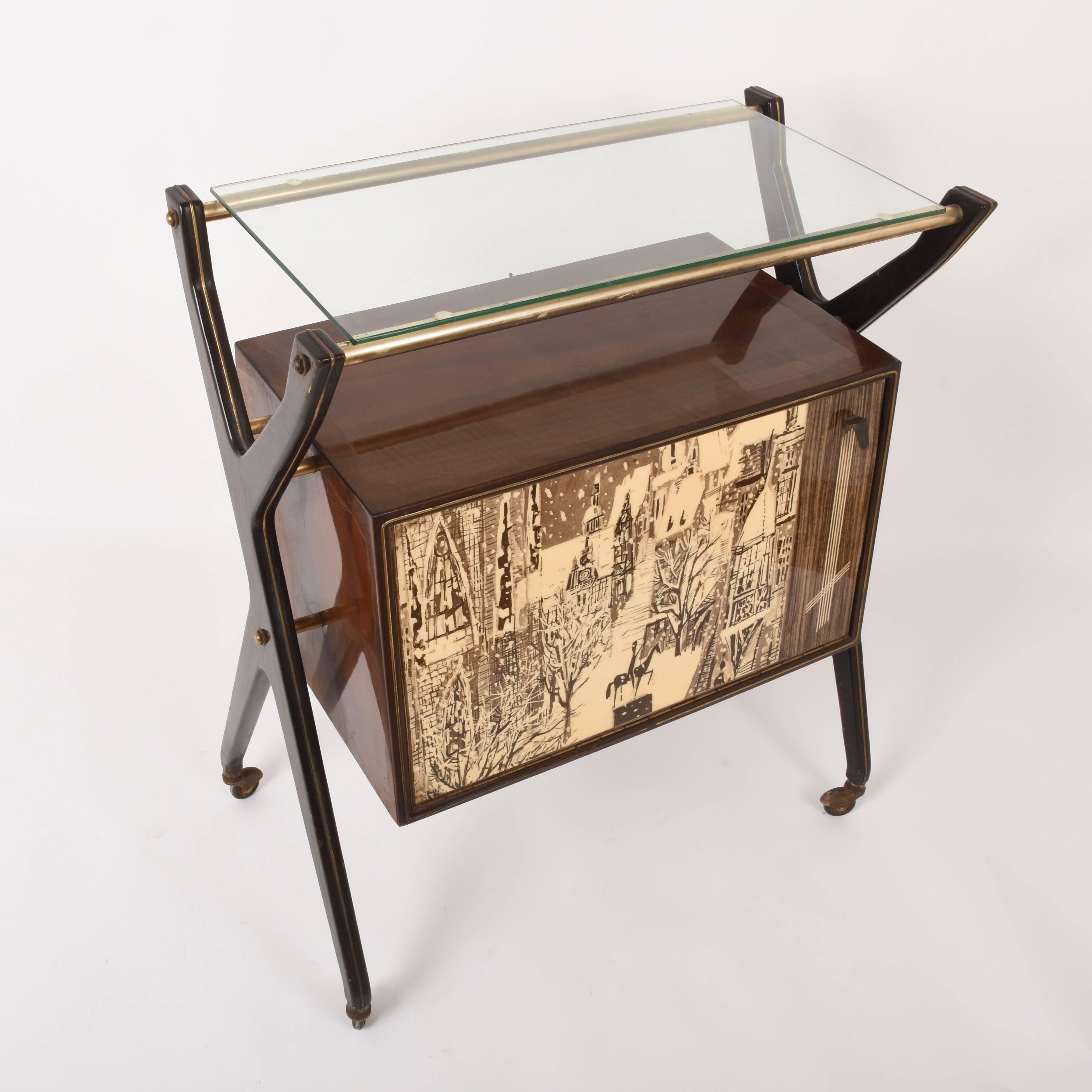 Midcentury Cesare Lacca Wood Italian Bar Cart with Glass Serving Tray, 1950s 2