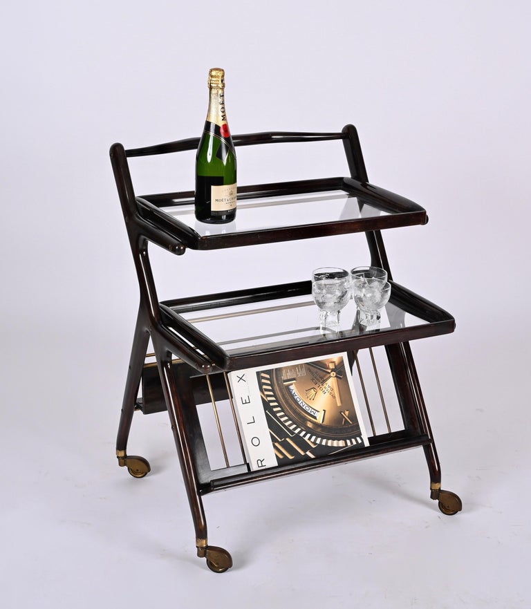 20th Century Midcentury Cesare Lacca Wood Italian Bar Cart with Serving Trays, 1950s For Sale