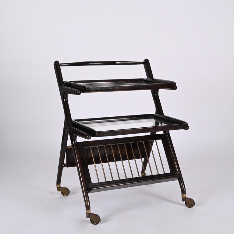 Brass Midcentury Cesare Lacca Wood Italian Bar Cart with Serving Trays, 1950s For Sale