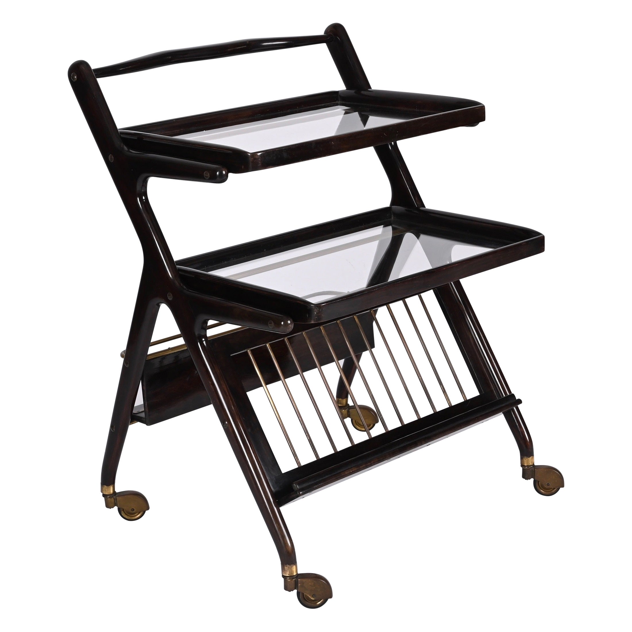 Midcentury Cesare Lacca Wood Italian Bar Cart with Serving Trays, 1950s