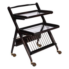 Midcentury Cesare Lacca Wood Italian Bar Cart with Serving Trays, 1950s