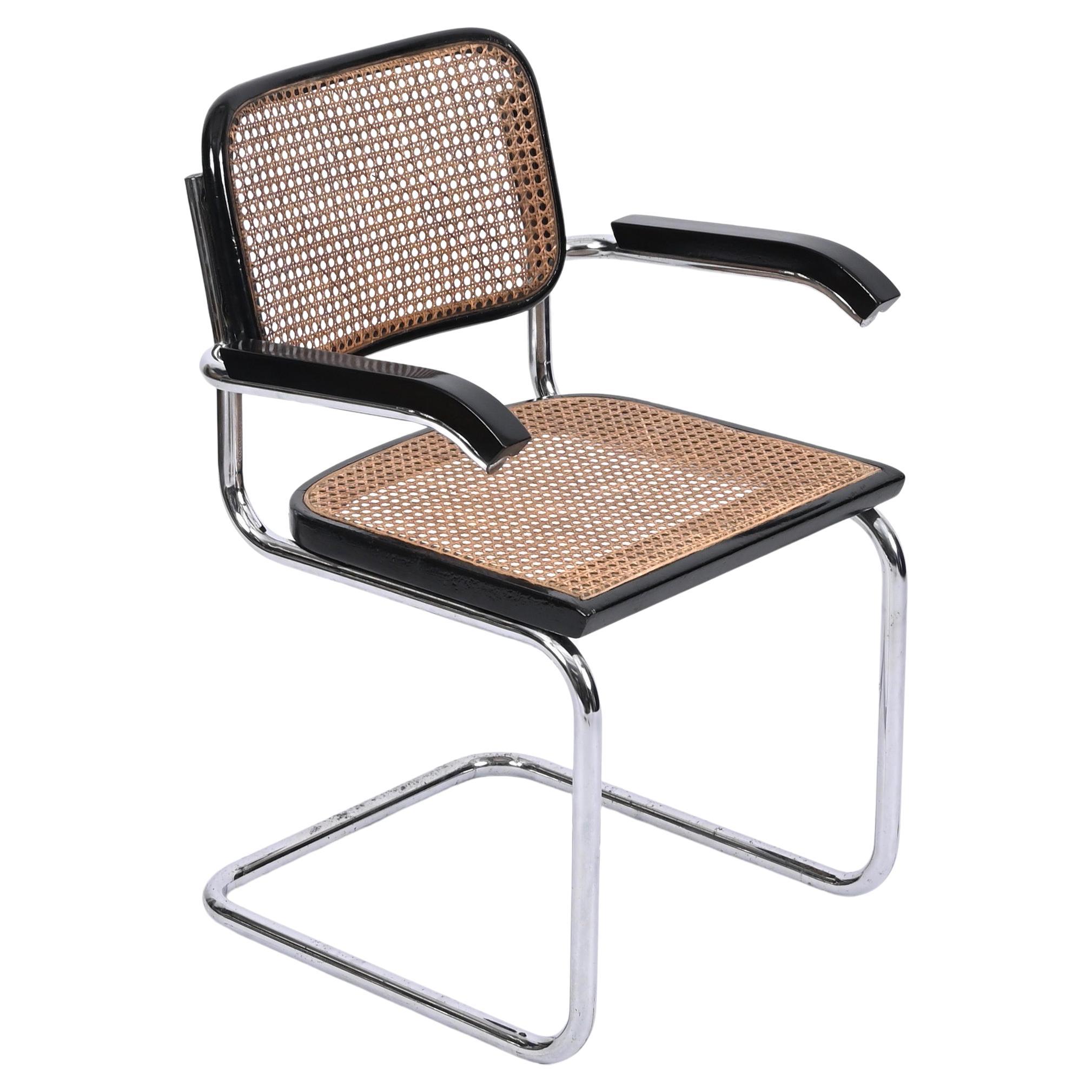 MidCentury Cesca Armchair in Chrome and Straw by Marcel Breuer for Gavina, 1960s For Sale