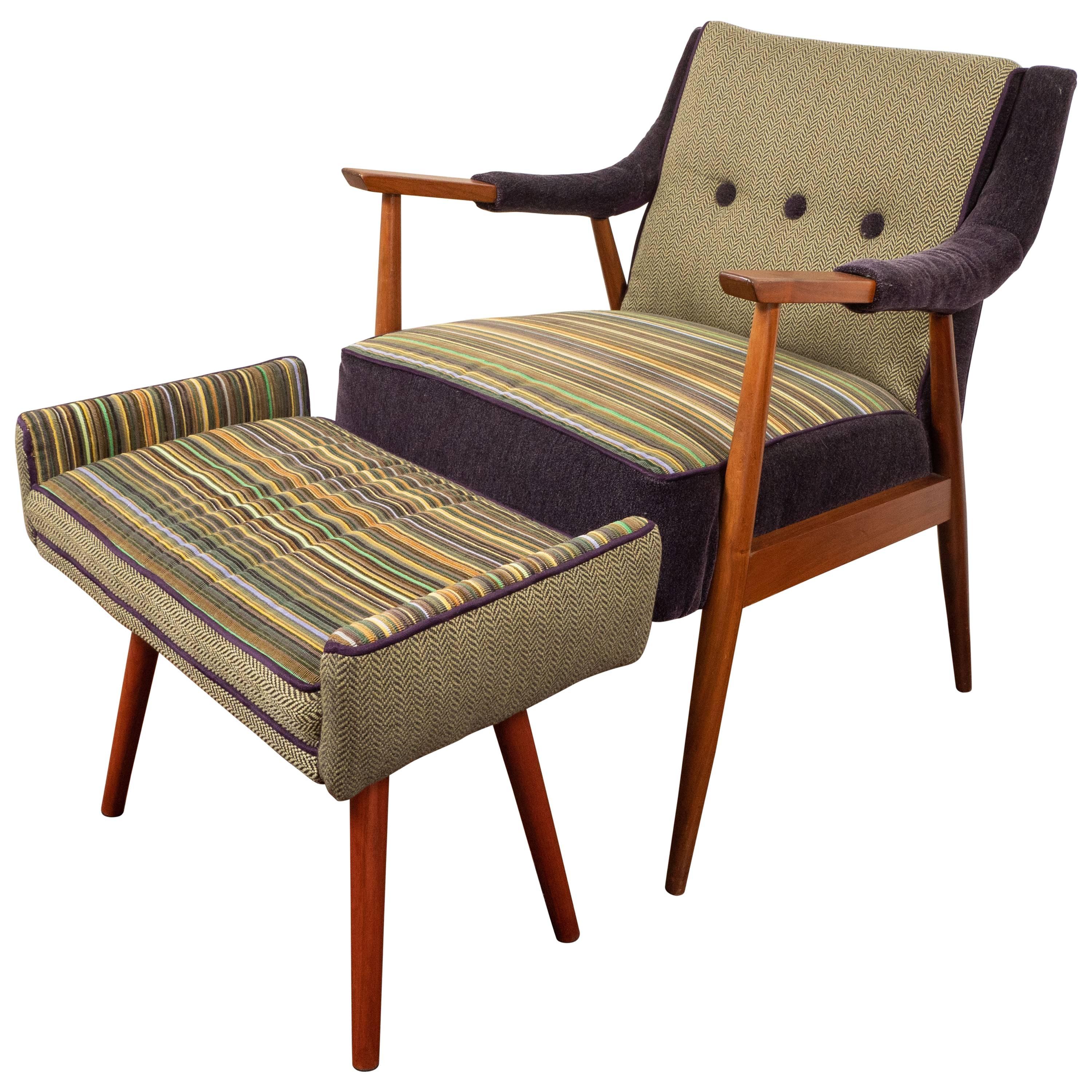 Midcentury Chair and Footstool with New Upholstery