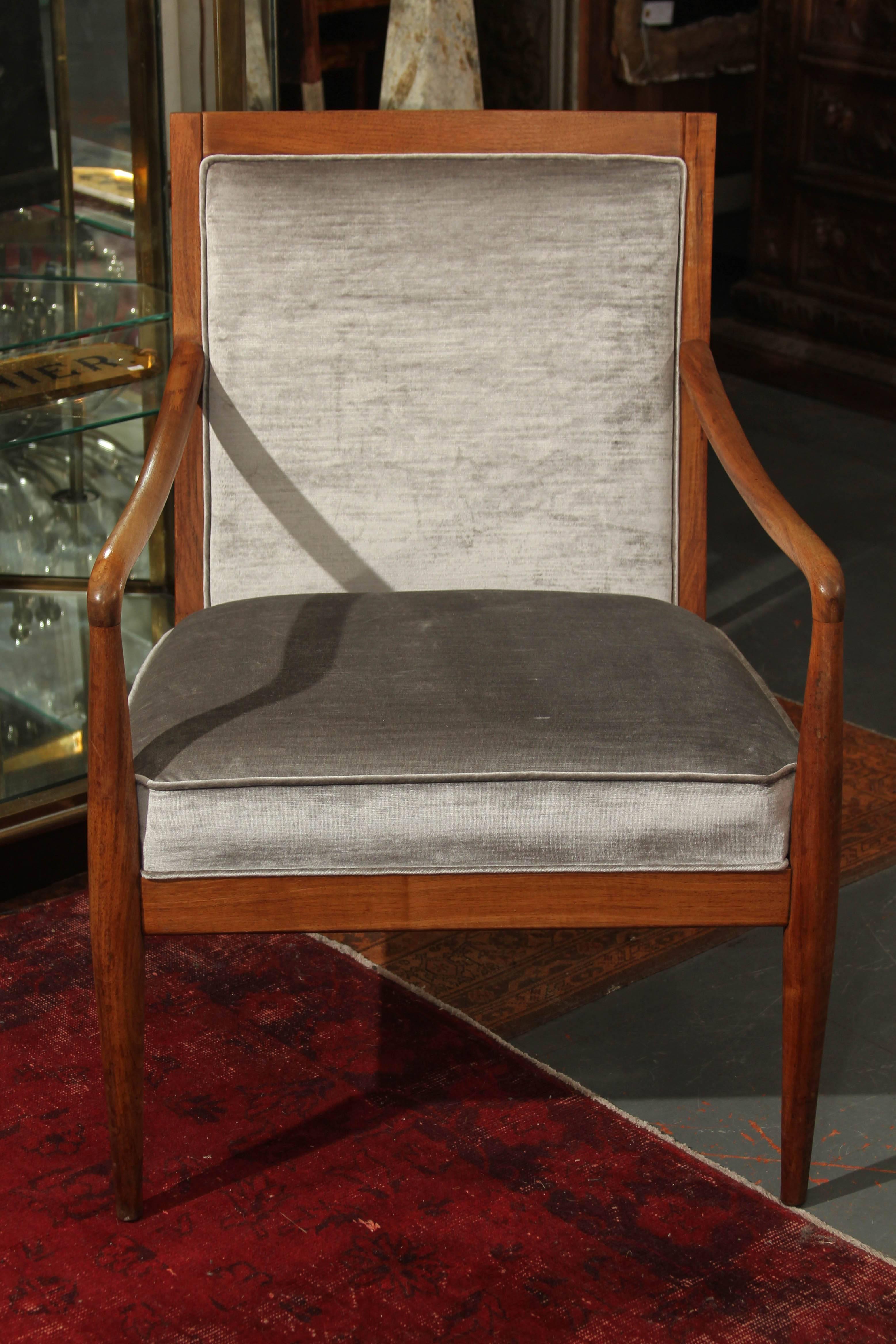 Midcentury wood frame chair newly updated in pearl gray silk velvet. Beautiful and comfortable side chair for any room in the house.