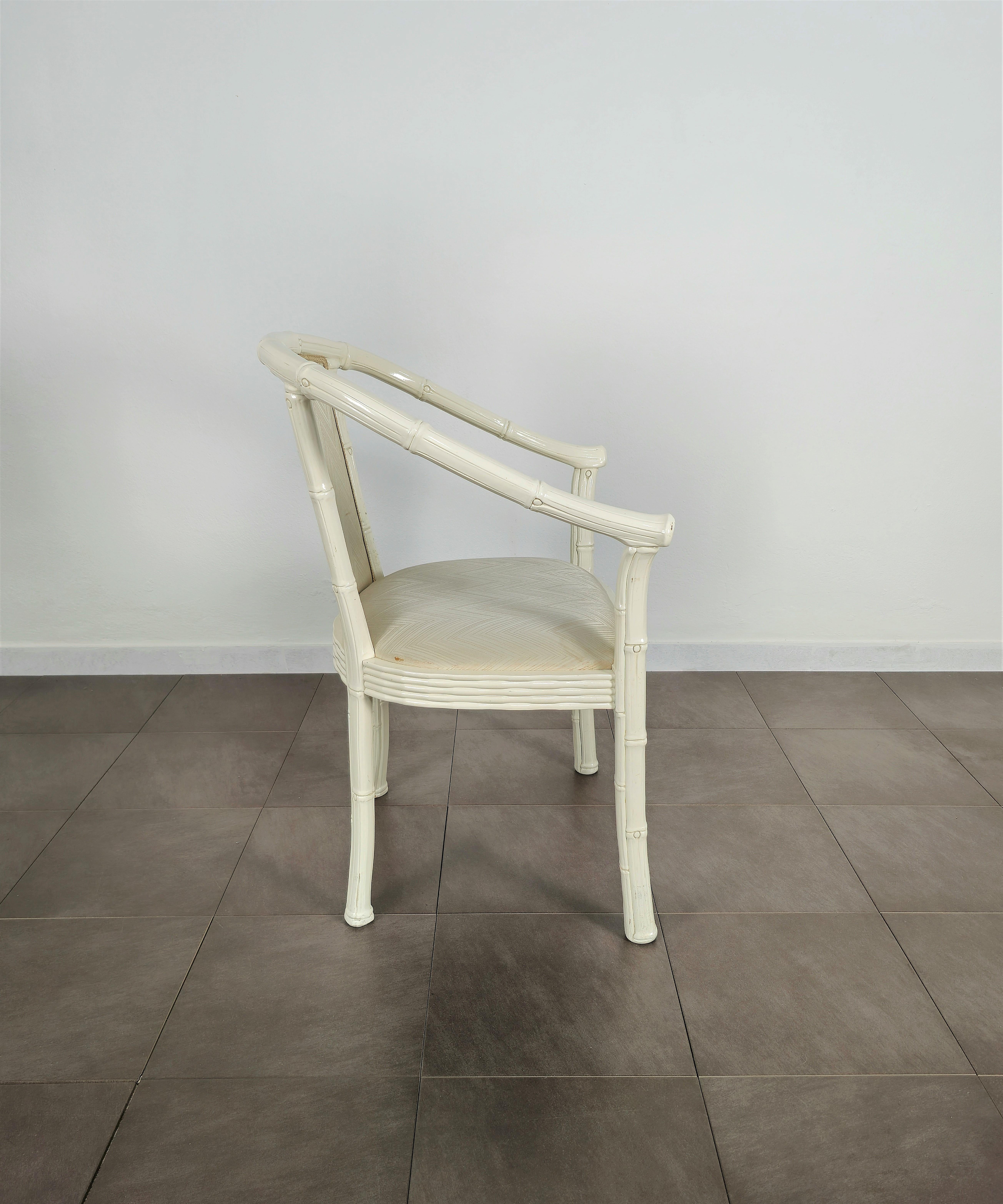 Mid-Century Modern Midcentury Chair White Enamelled Bamboo Fabric Italian Design, 1960s For Sale