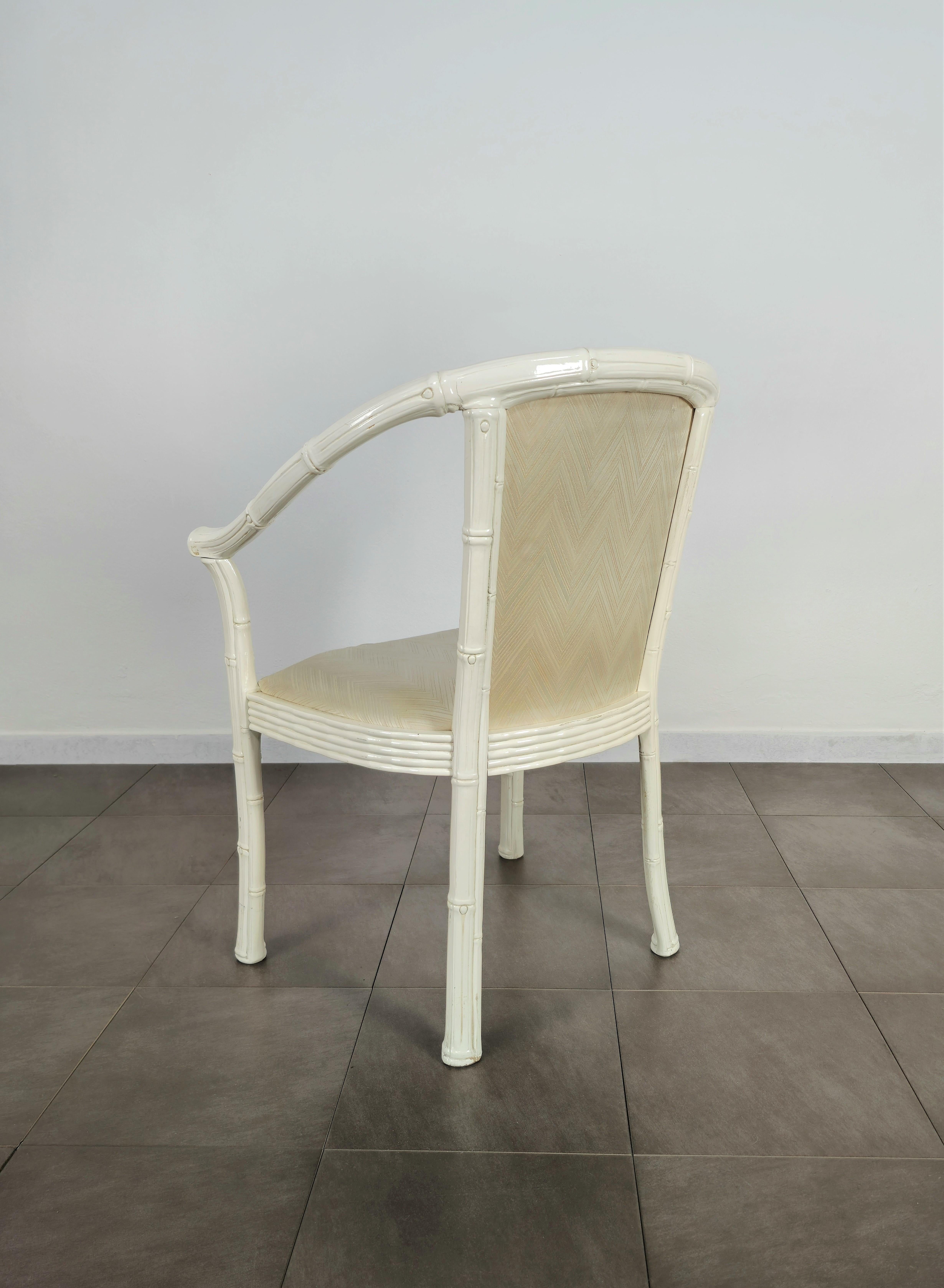 Midcentury Chair White Enamelled Bamboo Fabric Italian Design, 1960s In Fair Condition For Sale In Palermo, IT