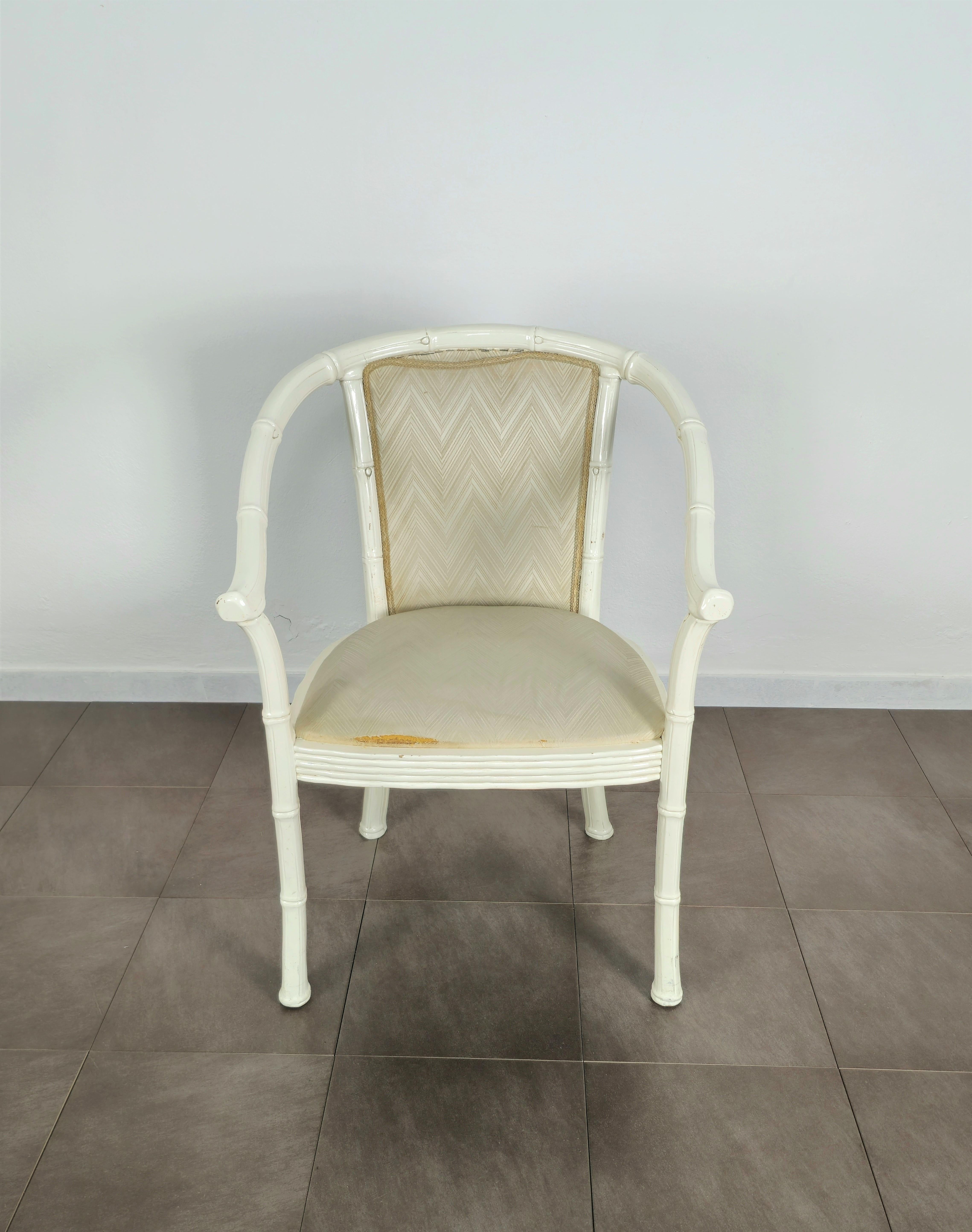 Midcentury Chair White Enamelled Bamboo Fabric Italian Design, 1960s For Sale 1