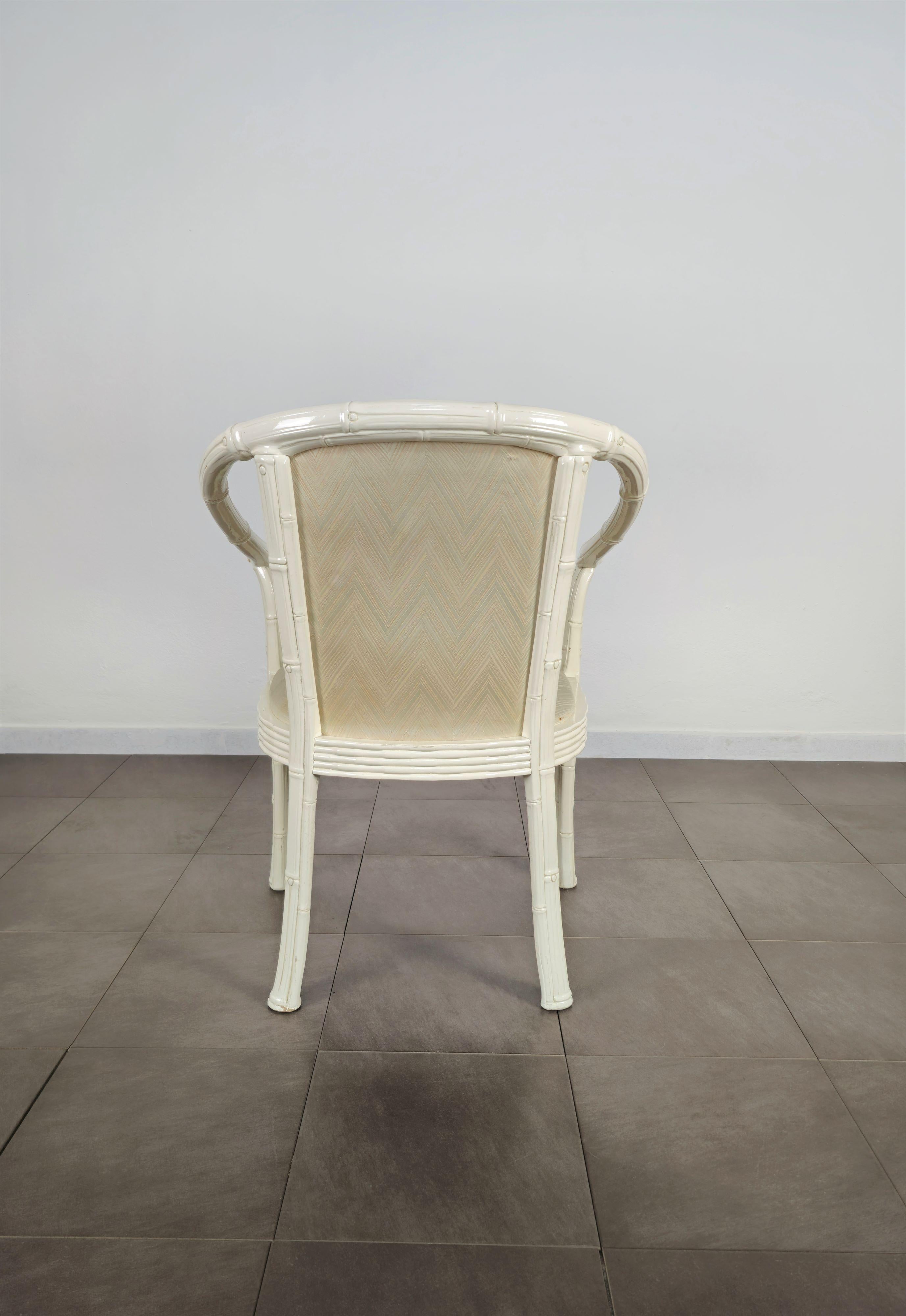 Midcentury Chair White Enamelled Bamboo Fabric Italian Design, 1960s For Sale 2