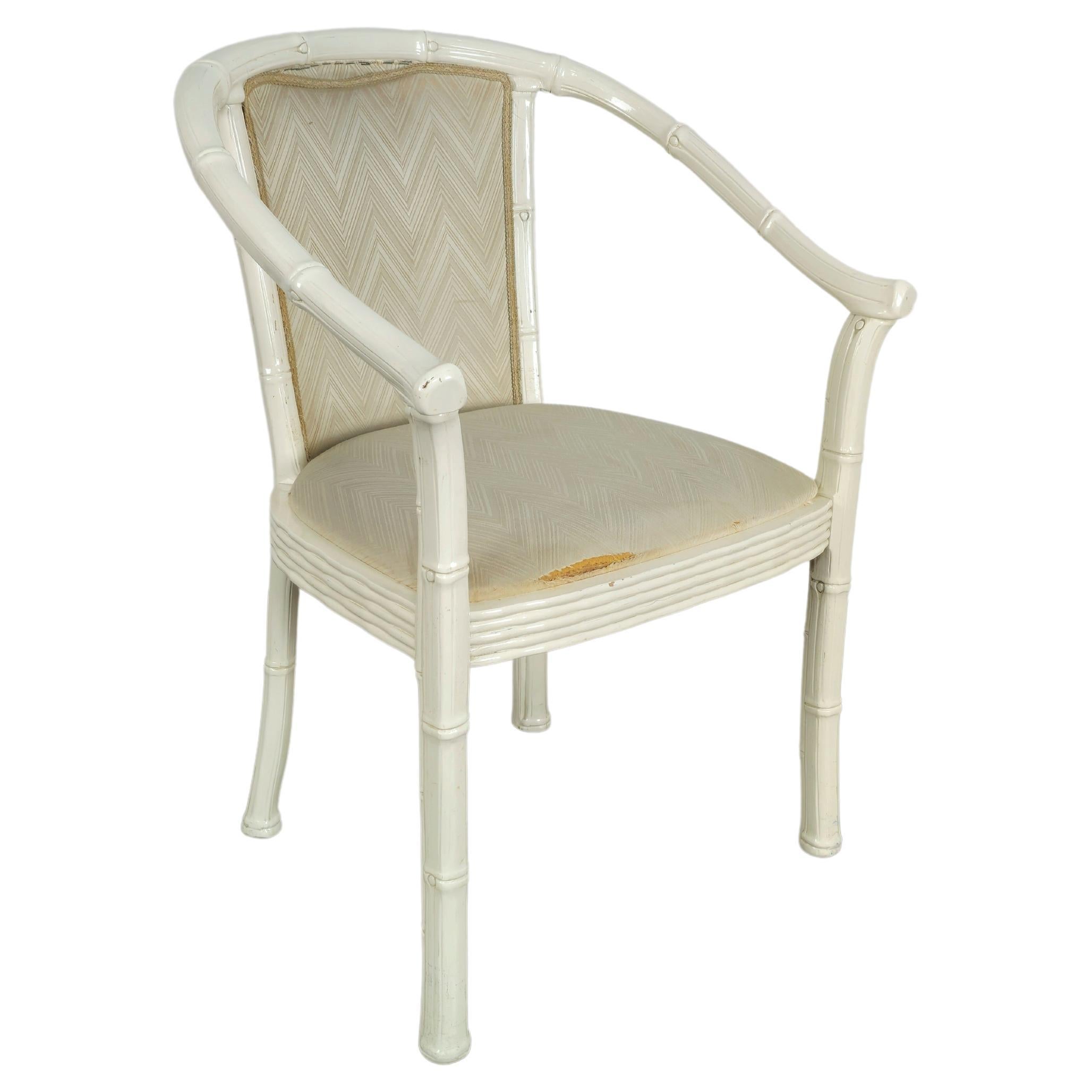 Midcentury Chair White Enamelled Bamboo Fabric Italian Design, 1960s For Sale