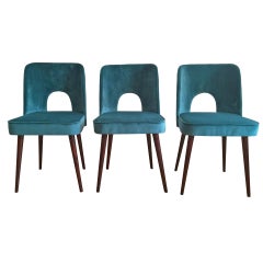 Midcentury Chairs in Sea Blue Velvet by Leśniewski , 1960s, Set of 3