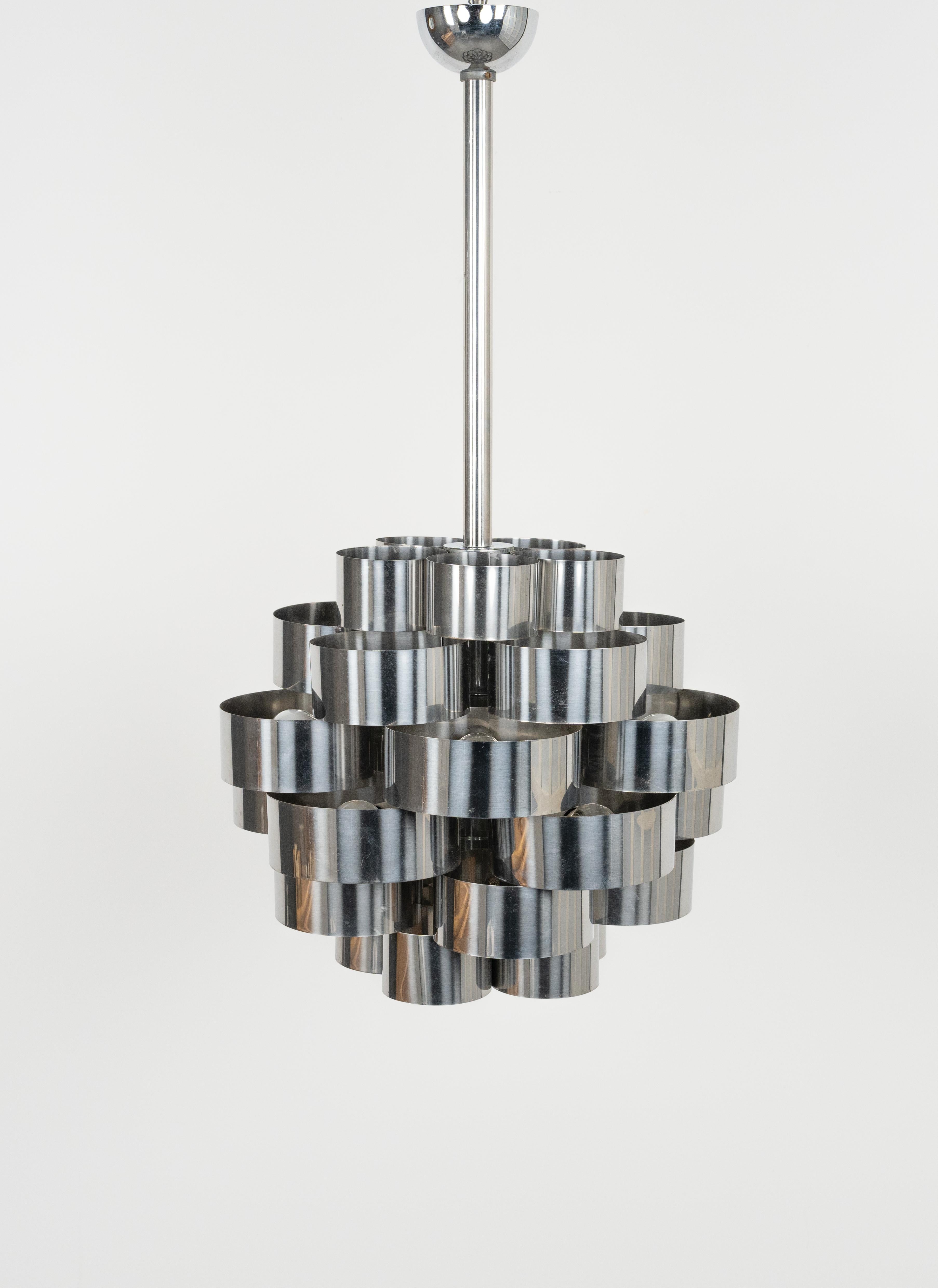 Midcentury Chandelier Aluminum and Steel by Max Sauze for Sciolari, Italy 1970s For Sale 3