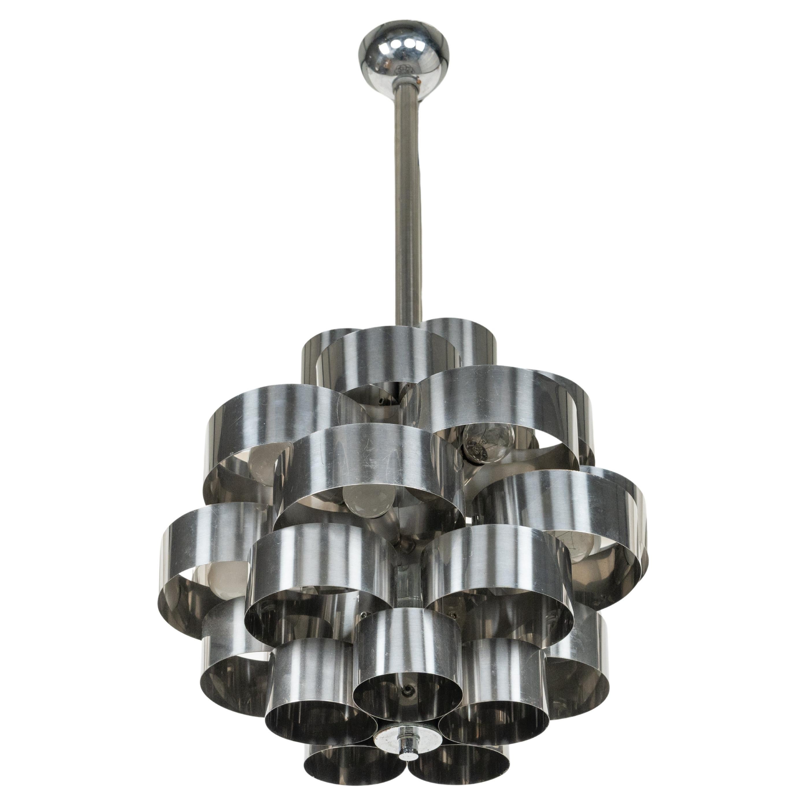 Space Age Midcentury Chandelier Aluminum and Steel by Max Sauze for Sciolari, Italy 1970s For Sale