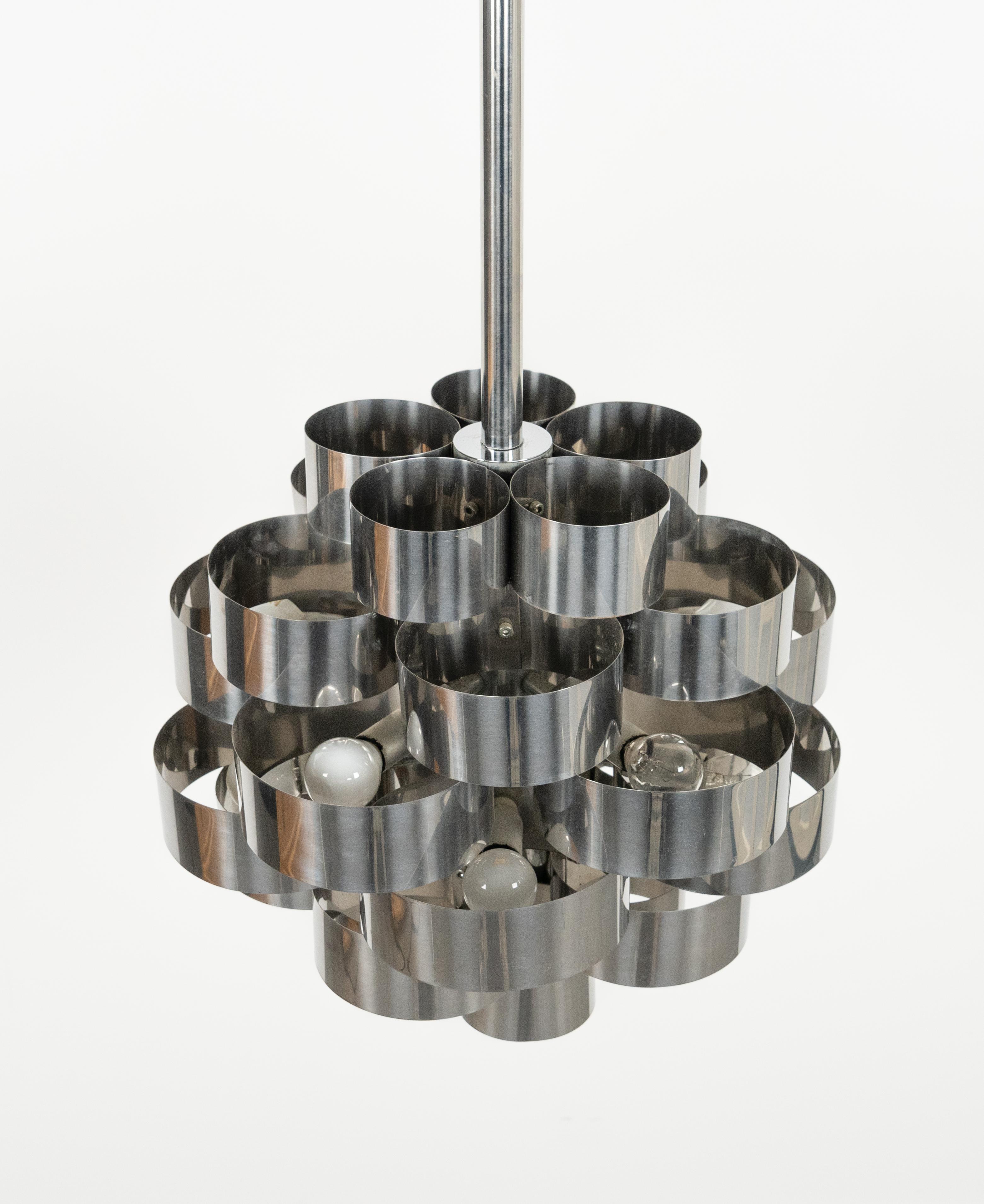 Midcentury Chandelier Aluminum and Steel by Max Sauze for Sciolari, Italy 1970s In Good Condition For Sale In Rome, IT