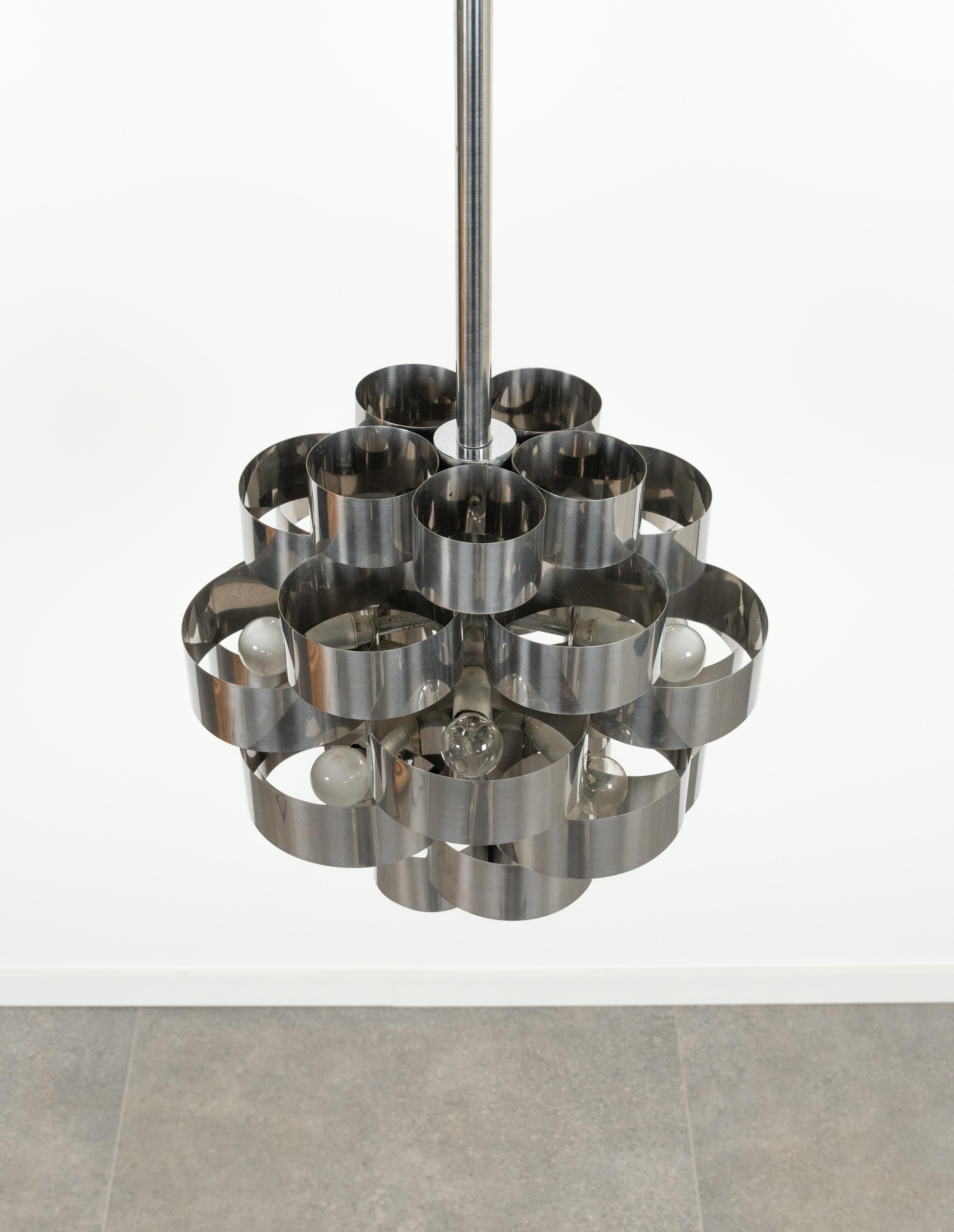 Late 20th Century Midcentury Chandelier Aluminum and Steel by Max Sauze for Sciolari, Italy 1970s For Sale