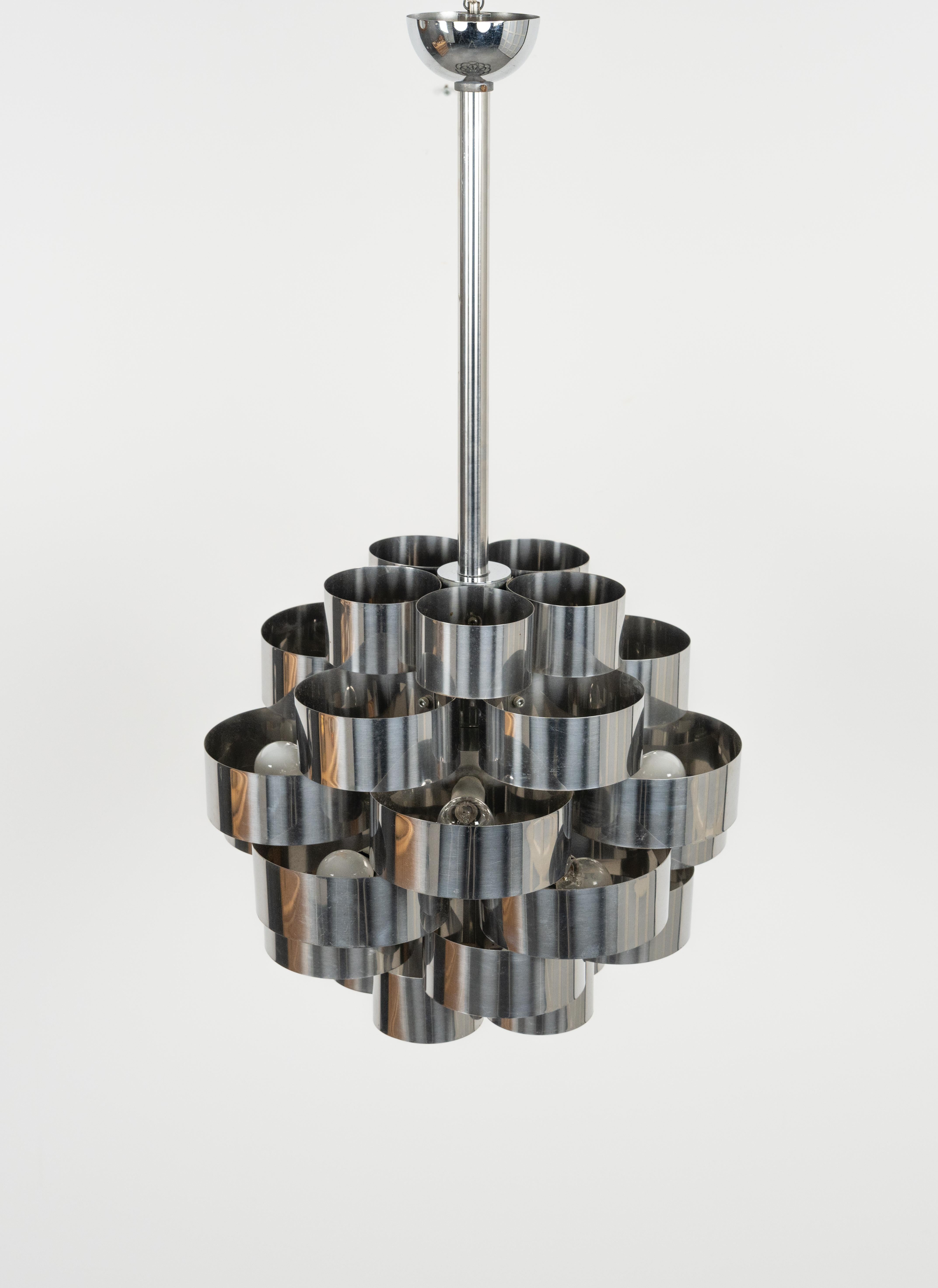 Metal Midcentury Chandelier Aluminum and Steel by Max Sauze for Sciolari, Italy 1970s For Sale