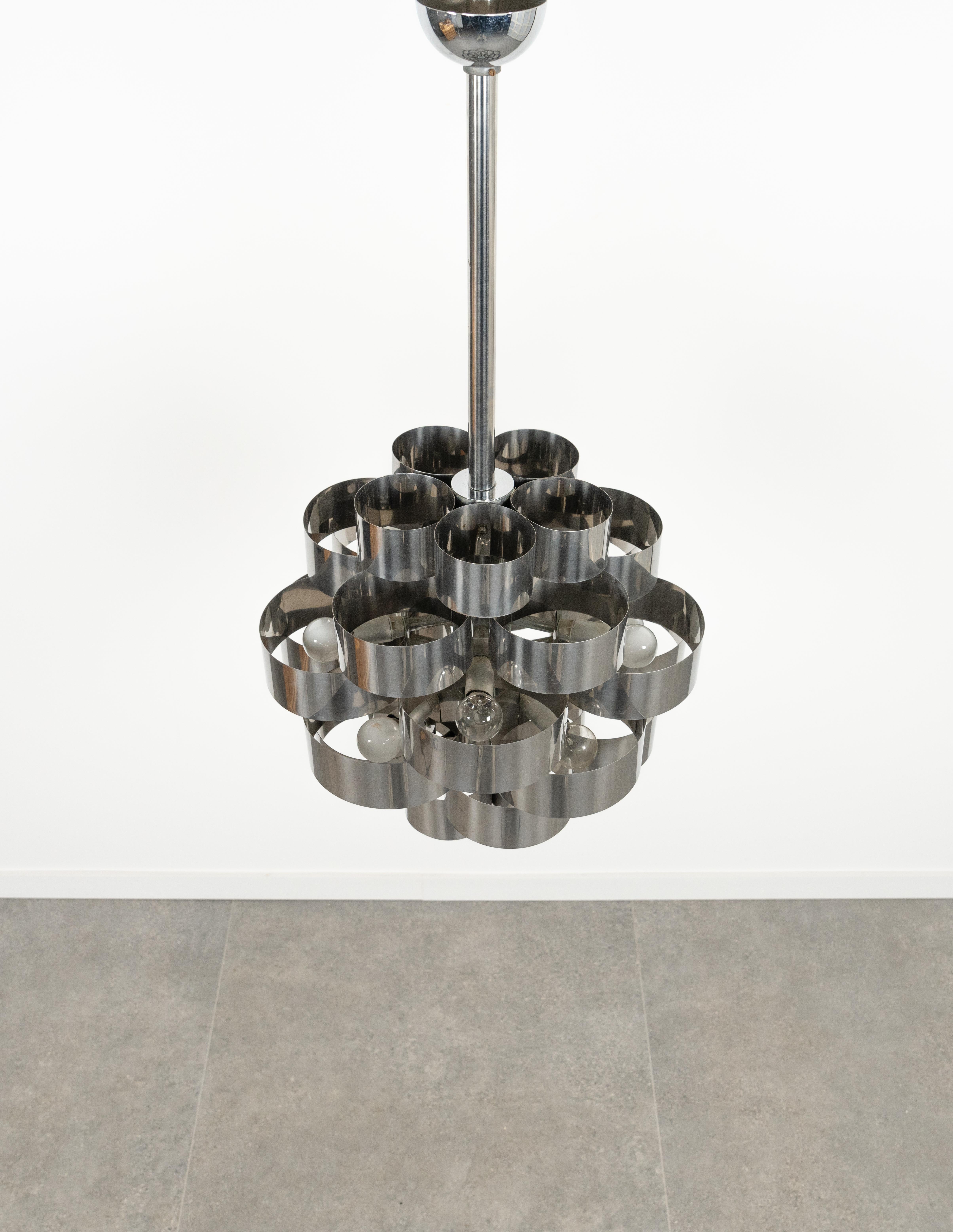 Midcentury Chandelier Aluminum and Steel by Max Sauze for Sciolari, Italy 1970s For Sale 1