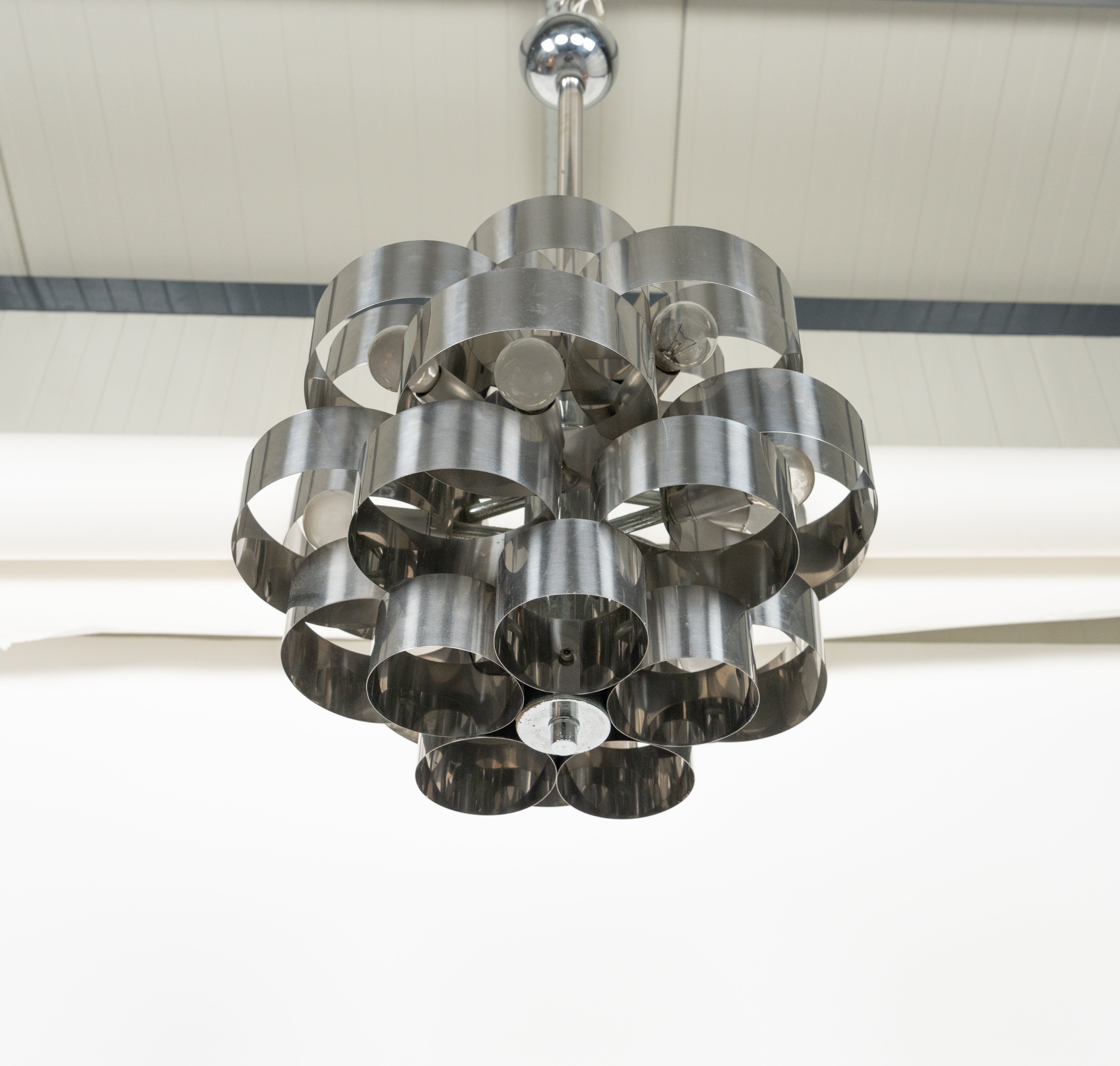 Midcentury Chandelier Aluminum and Steel by Max Sauze for Sciolari, Italy 1970s For Sale 2
