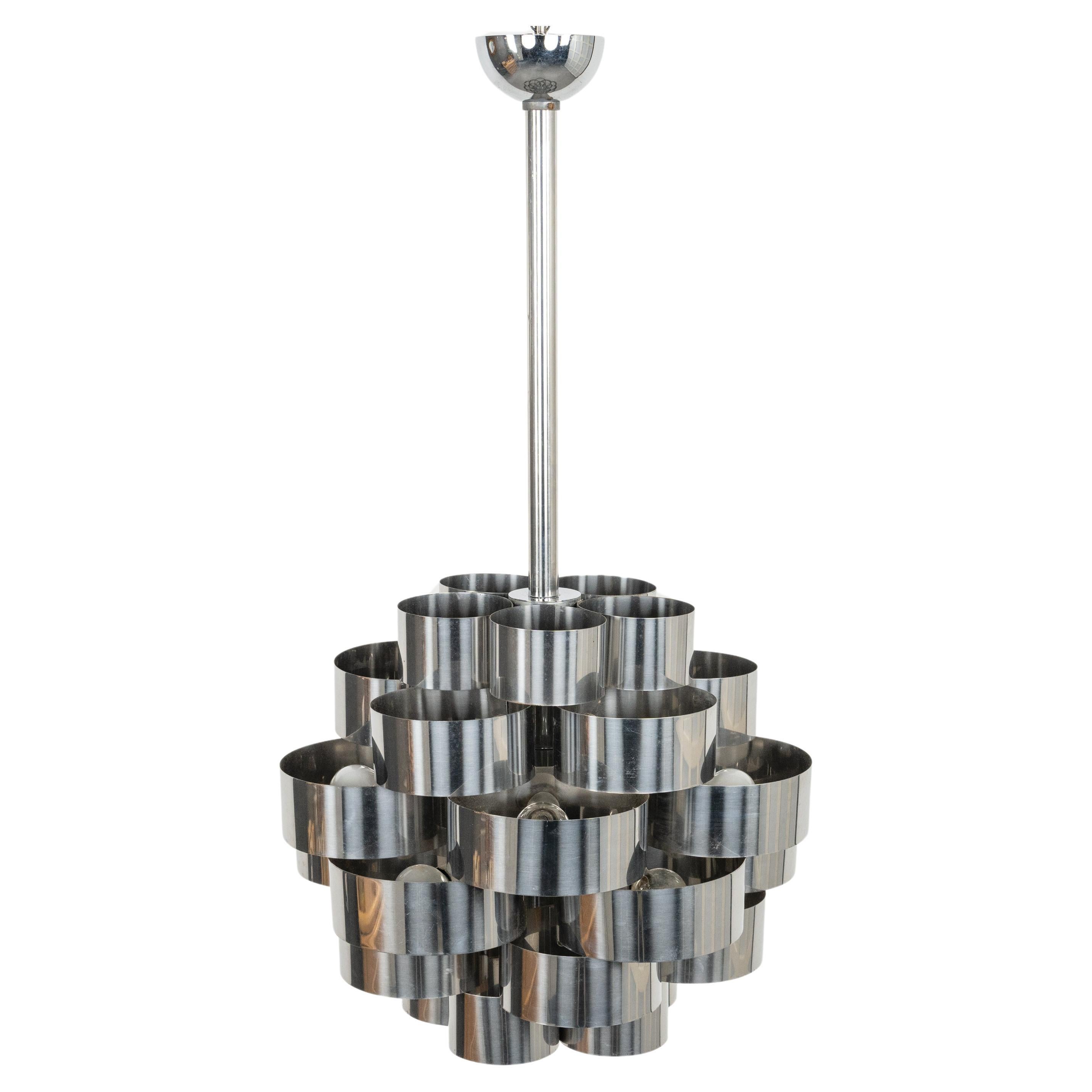 Midcentury Chandelier Aluminum and Steel by Max Sauze for Sciolari, Italy 1970s For Sale