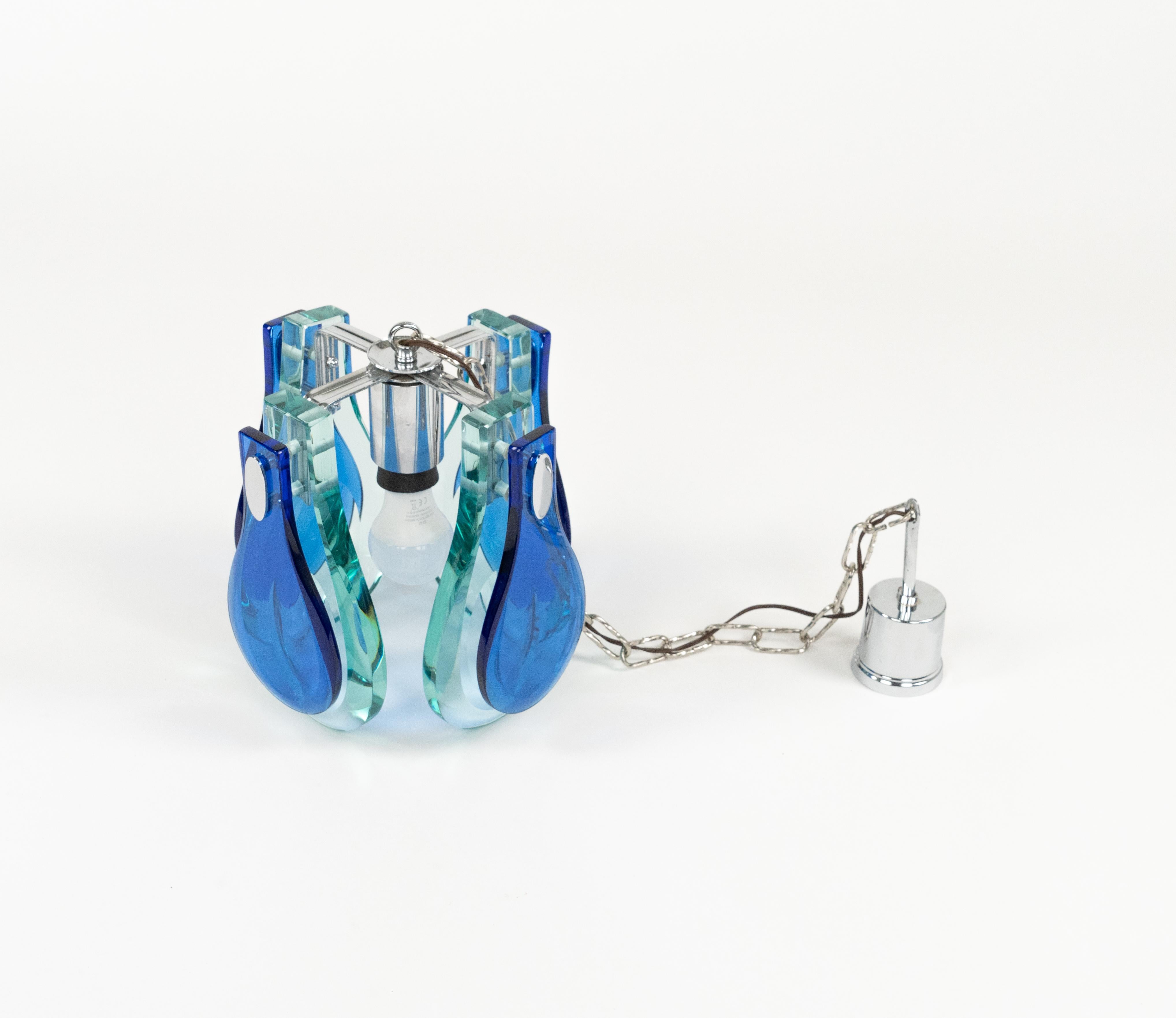 Midcentury Chandelier Blue & Green Glass and Chrome by Cristal Arte, Italy 1960s For Sale 4