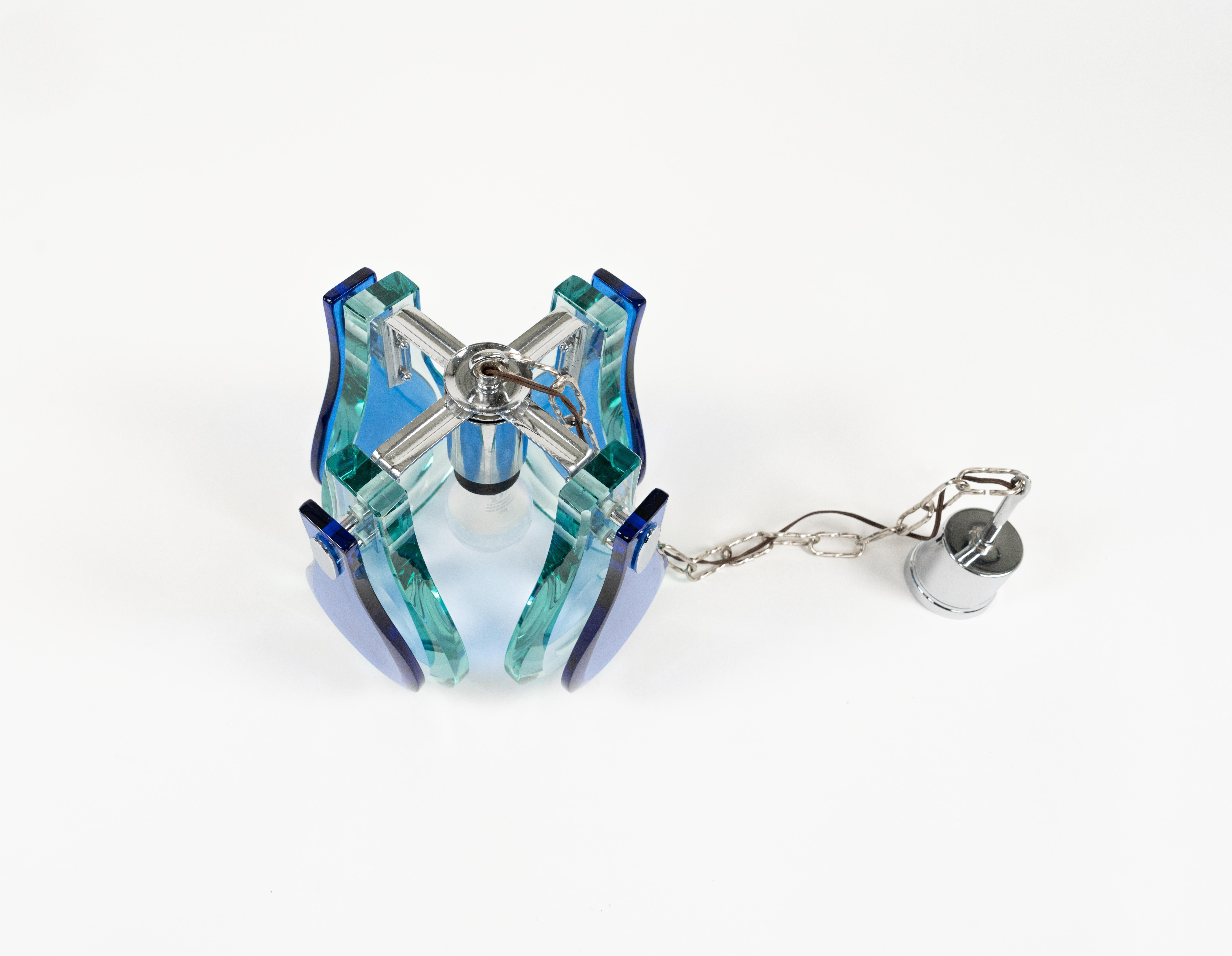 Midcentury Chandelier Blue & Green Glass and Chrome by Cristal Arte, Italy 1960s For Sale 5