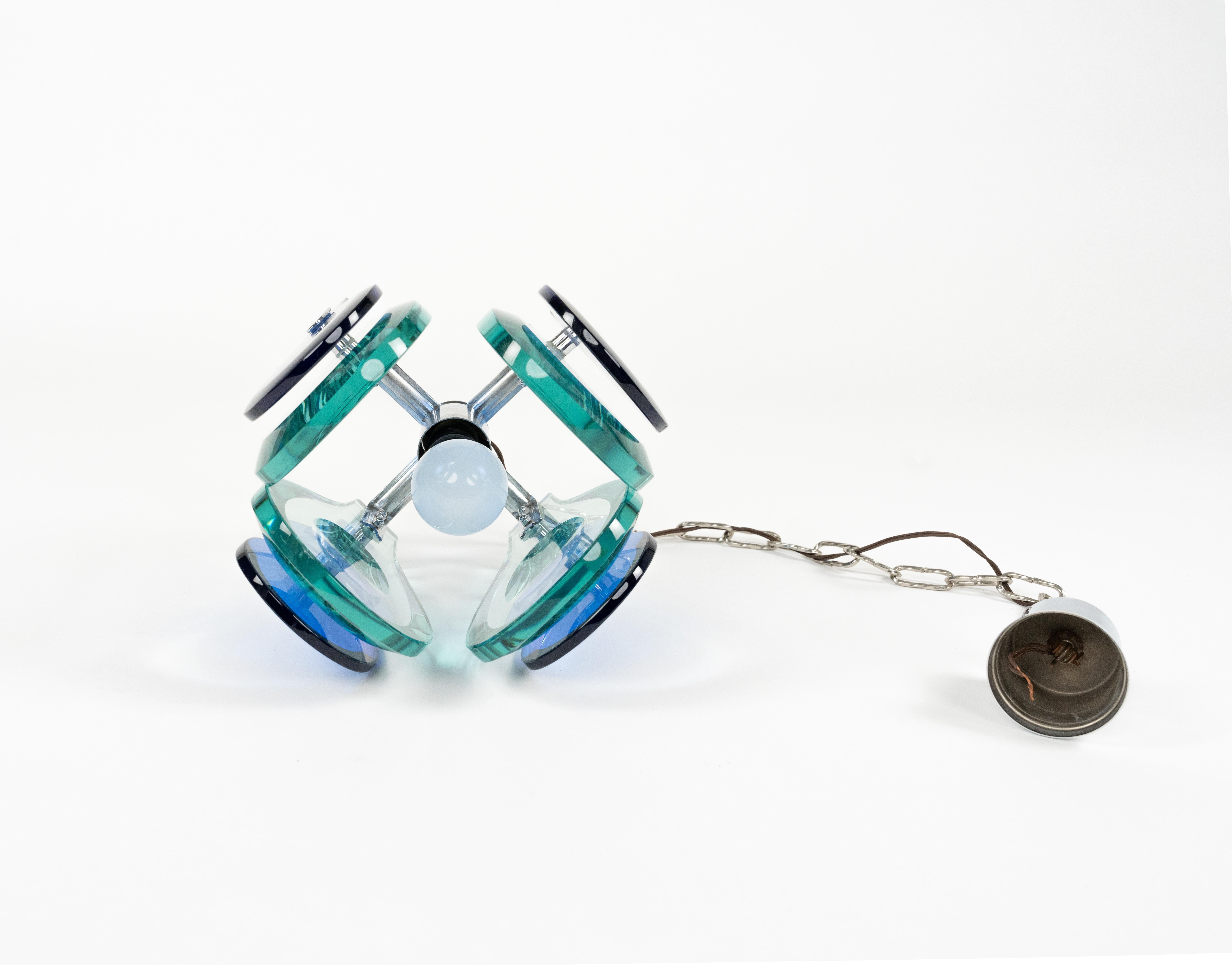 Midcentury Chandelier Blue & Green Glass and Chrome by Cristal Arte, Italy 1960s For Sale 6