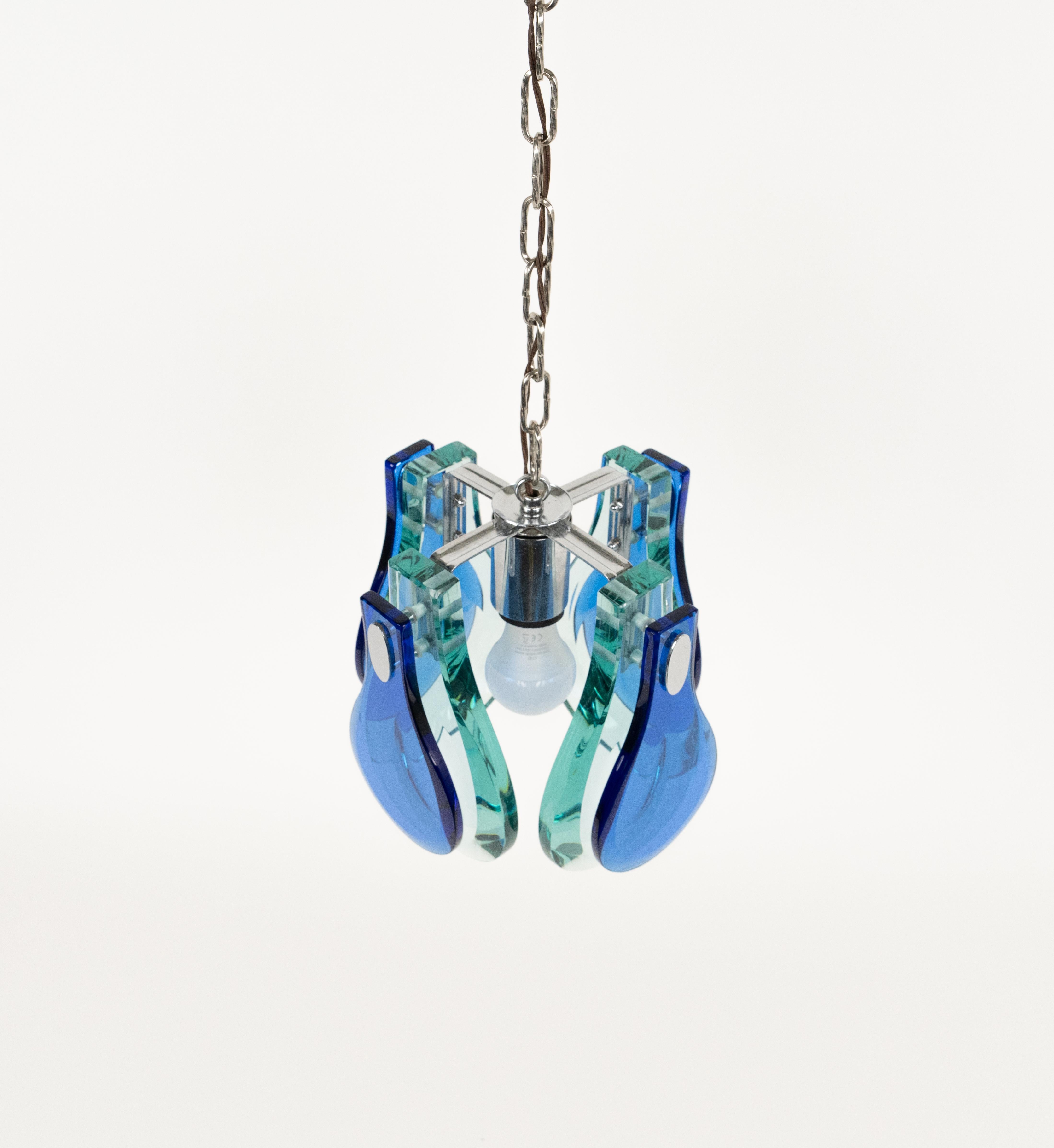 Mid-Century Modern Midcentury Chandelier Blue & Green Glass and Chrome by Cristal Arte, Italy 1960s For Sale