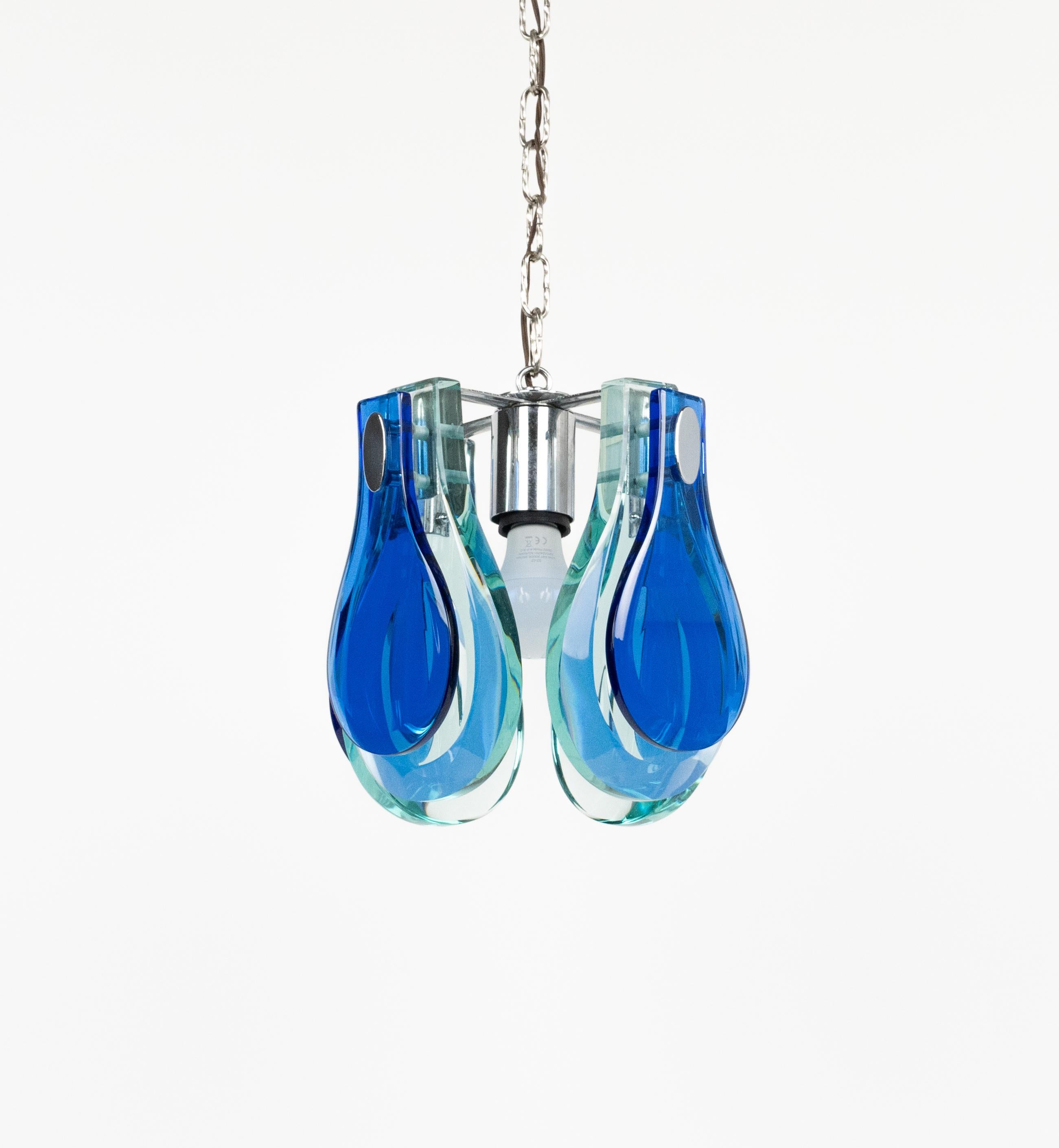 Italian Midcentury Chandelier Blue & Green Glass and Chrome by Cristal Arte, Italy 1960s For Sale