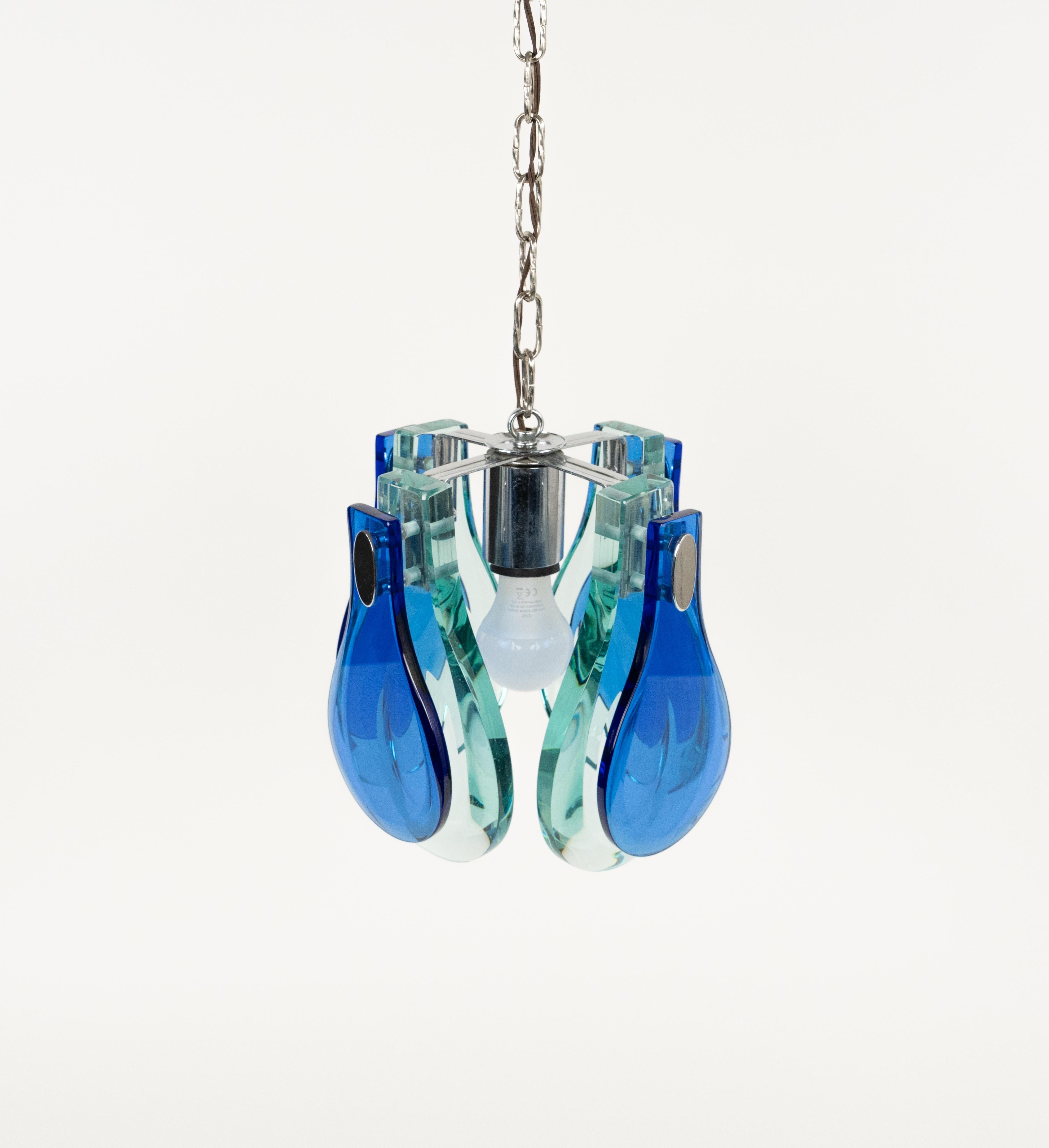 Midcentury Chandelier Blue & Green Glass and Chrome by Cristal Arte, Italy 1960s In Good Condition For Sale In Rome, IT