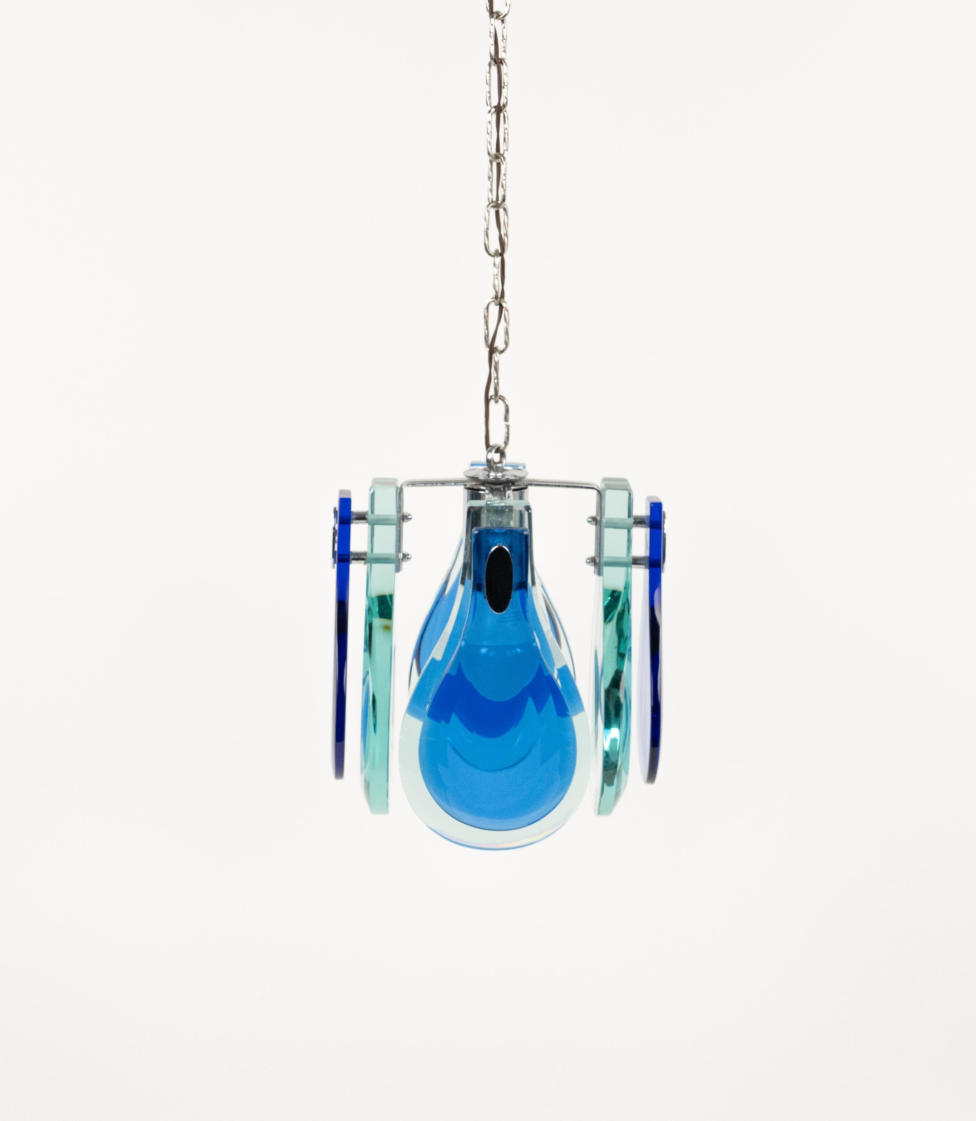 Mid-20th Century Midcentury Chandelier Blue & Green Glass and Chrome by Cristal Arte, Italy 1960s For Sale