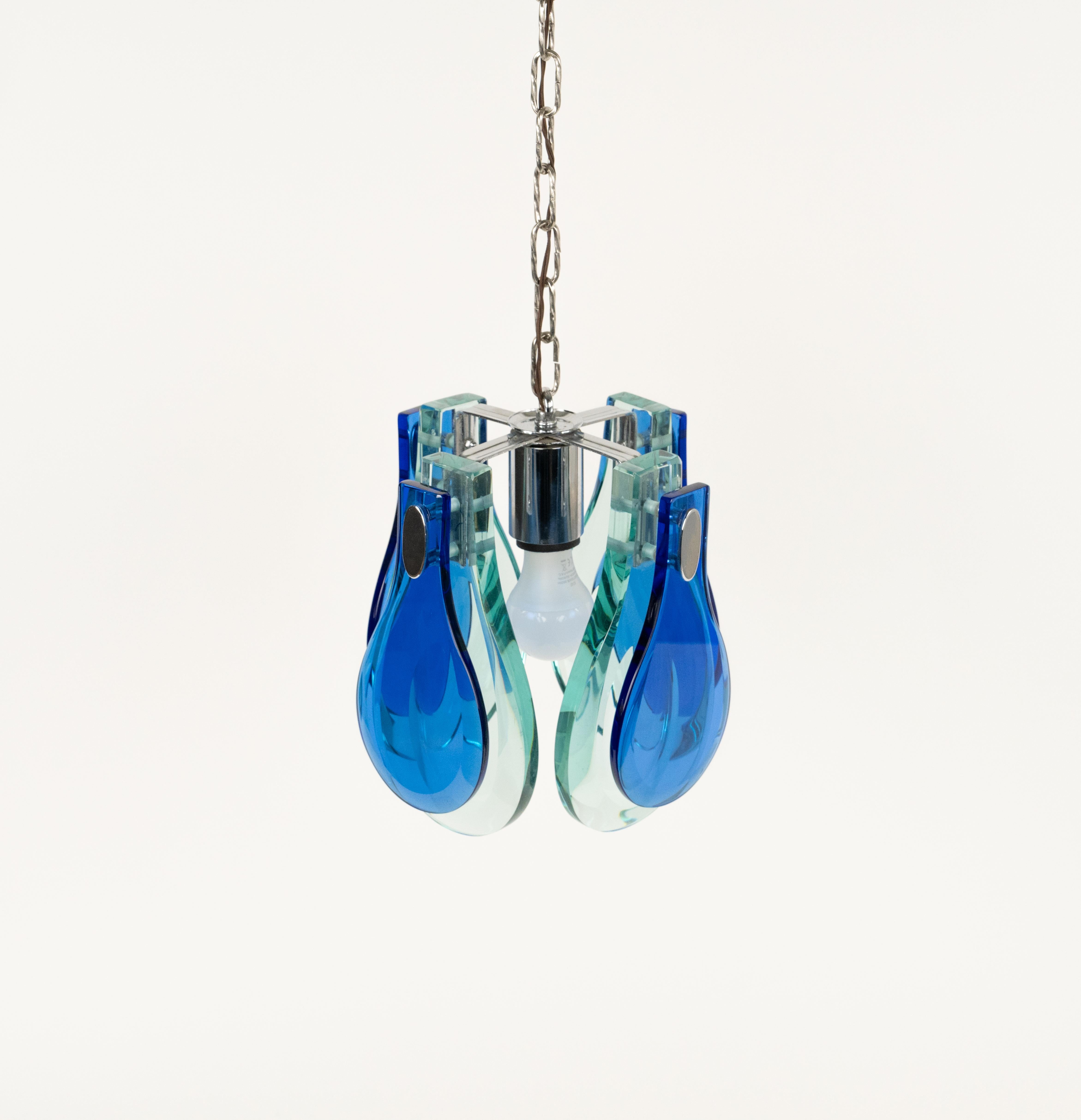 Metal Midcentury Chandelier Blue & Green Glass and Chrome by Cristal Arte, Italy 1960s For Sale